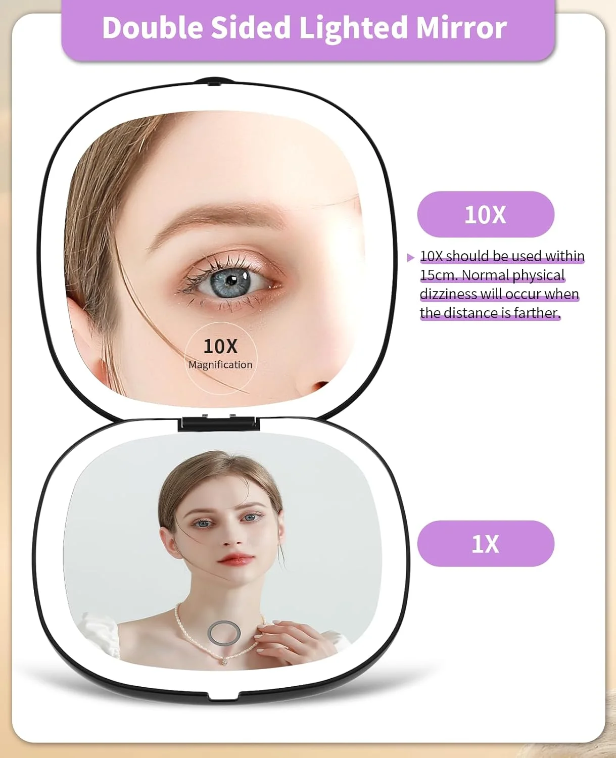 Wobsion Portable LED Pocket Mirror with Magnification 1×/10×, 750 mAh USB Rechargeable Travel Mirror with Dimmable, Hand Mirror Double Sided with Light, Travel Mirror Foldable, Gifts for Girls, Black