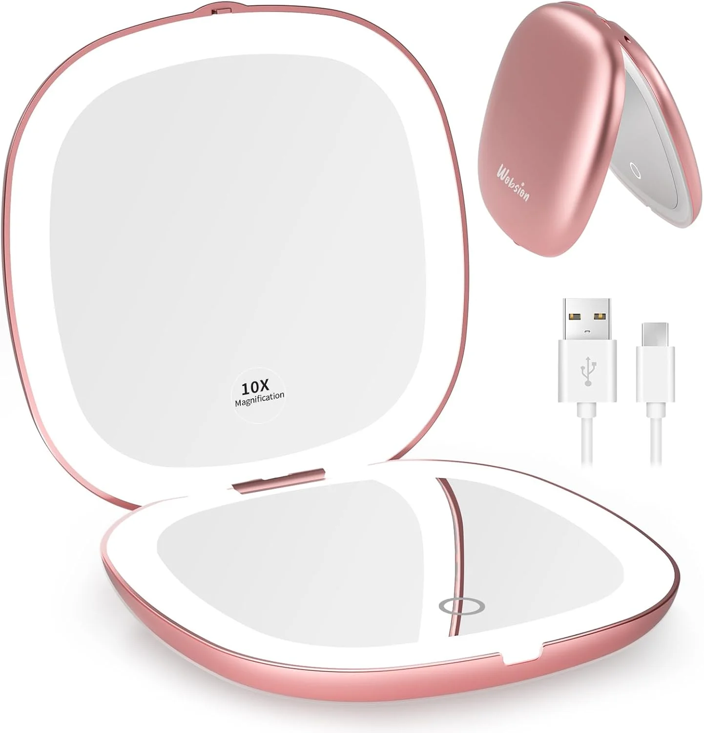 آینه آرایشی LED جیبی WOBSION با بزرگنمایی 1X/10X و نور، آینه مسافرتی کوچک قابل حمل با نور و شارژ USB، آینه دستی دو طرفه با قابلیت تنظیم نور 750 میلی آمپر ساعت برای آرایش، رزگلد