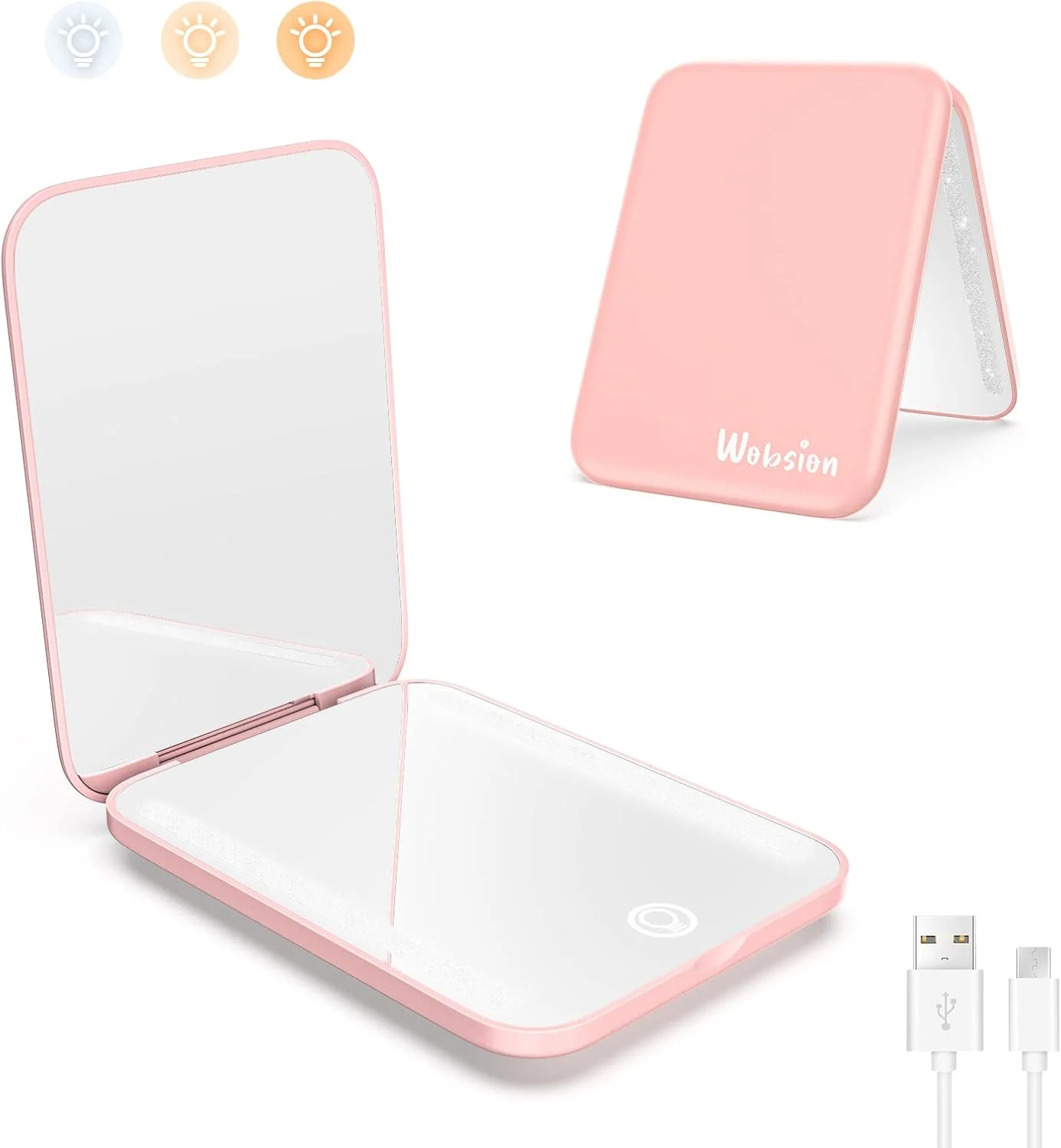 آینه آرایشی مسافرتی شارژی wobsion، آینه جیبی با بزرگنمایی 1x/3x، آینه با 3 رنگ نور، آینه آرایشی قابل حمل دیمردار، 400 میلی آمپر ساعت، آینه کوچک برای کیف، هدیه، صورتی