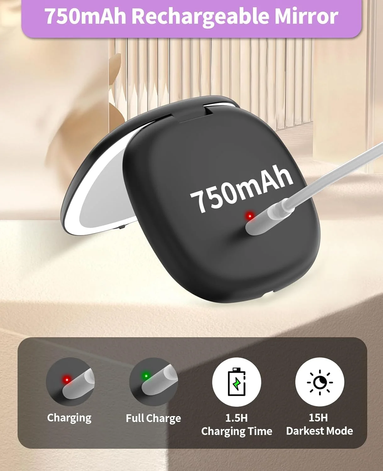 Wobsion Portable LED Pocket Mirror with Magnification 1×/10×, 750 mAh USB Rechargeable Travel Mirror with Dimmable, Hand Mirror Double Sided with Light, Travel Mirror Foldable, Gifts for Girls, Black