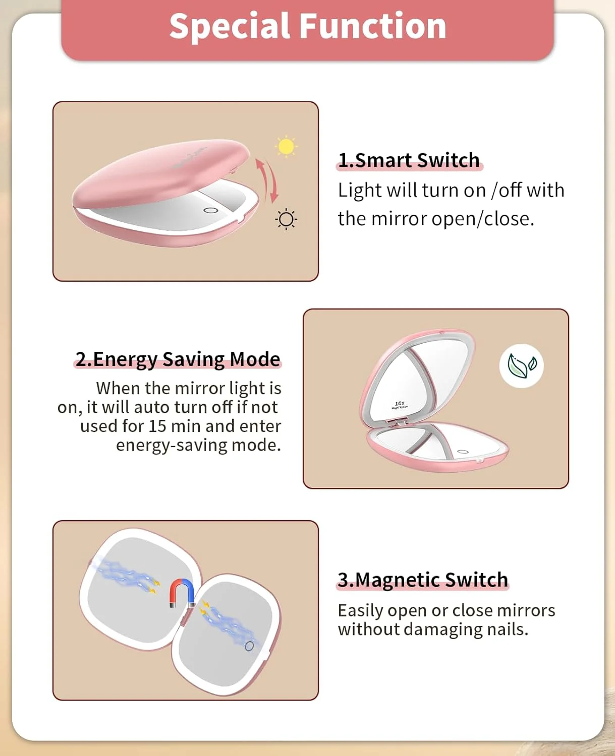 آینه آرایشی LED جیبی WOBSION با بزرگنمایی 1X/10X و نور، آینه مسافرتی کوچک قابل حمل با نور و شارژ USB، آینه دستی دو طرفه با قابلیت تنظیم نور 750 میلی آمپر ساعت برای آرایش، رزگلد آینه آرایشی LED جیبی WOBSION با بزرگنمایی 1X/10X و نور، آینه مسافرتی کوچک قابل حمل با نور و شارژ USB، آینه دستی دو طرفه با قابلیت تنظیم نور 750 میلی آمپر ساعت برای آرایش، رزگلد