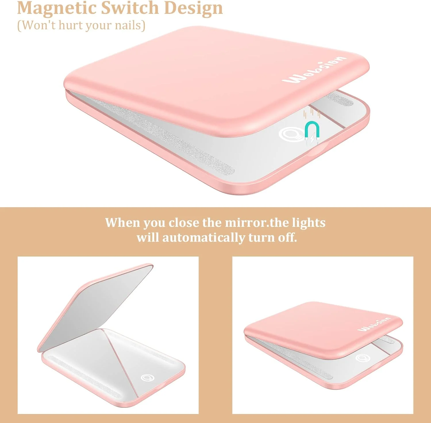 آینه آرایشی مسافرتی شارژی wobsion، آینه جیبی با بزرگنمایی 1x/3x، آینه با 3 رنگ نور، آینه آرایشی قابل حمل دیمردار، 400 میلی آمپر ساعت، آینه کوچک برای کیف، هدیه، صورتی آینه آرایشی مسافرتی شارژی wobsion، آینه جیبی با بزرگنمایی 1x/3x، آینه با 3 رنگ نور، آینه آرایشی قابل حمل دیمردار، 400 میلی آمپر ساعت، آینه کوچک برای کیف، هدیه، صورتی