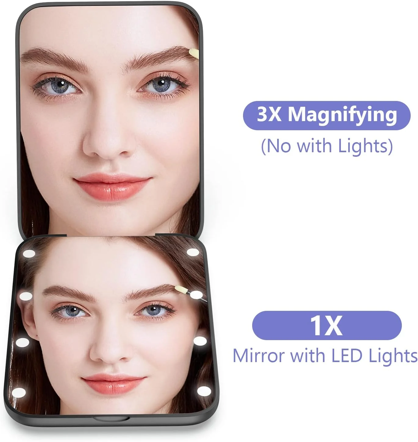 آینه جیبی Wobsion، آینه آرایشی LED، آینه بزرگنمایی 1x/3x با نور، آینه تاشو مغناطیسی دو طرفه دستی، آینه کوچک مسافرتی آرایشی، آینه آرایشی روشن برای کیف پول، هدیه (مشکی)