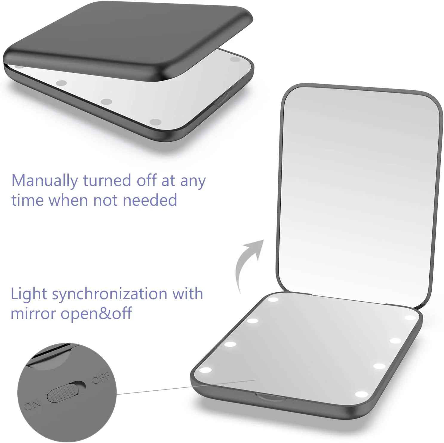 آینه جیبی Wobsion، آینه آرایشی LED، آینه بزرگنمایی 1x/3x با نور، آینه تاشو مغناطیسی دو طرفه دستی، آینه کوچک مسافرتی آرایشی، آینه آرایشی روشن برای کیف پول، هدیه (مشکی)