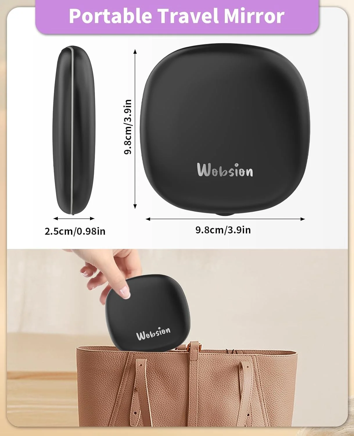 Wobsion Portable LED Pocket Mirror with Magnification 1×/10×, 750 mAh USB Rechargeable Travel Mirror with Dimmable, Hand Mirror Double Sided with Light, Travel Mirror Foldable, Gifts for Girls, Black