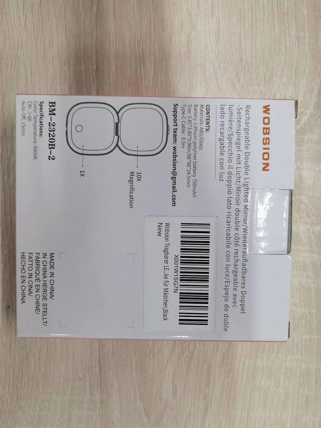 Wobsion Portable LED Pocket Mirror with Magnification 1×/10×, 750 mAh USB Rechargeable Travel Mirror with Dimmable, Hand Mirror Double Sided with Light, Travel Mirror Foldable, Gifts for Girls, Black