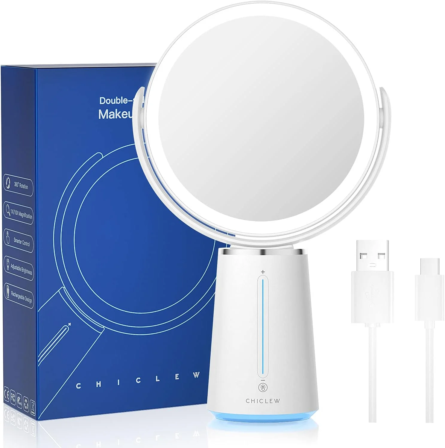 آینه آرایشی CHICLEW با نورپردازی، آینه بزرگنمایی روشن 10X/1X، آینه رومیزی LED دو طرفه، چرخش 360 درجه، آینه آرایش قابل شارژ USB با نور و دکمه لمسی هوشمند