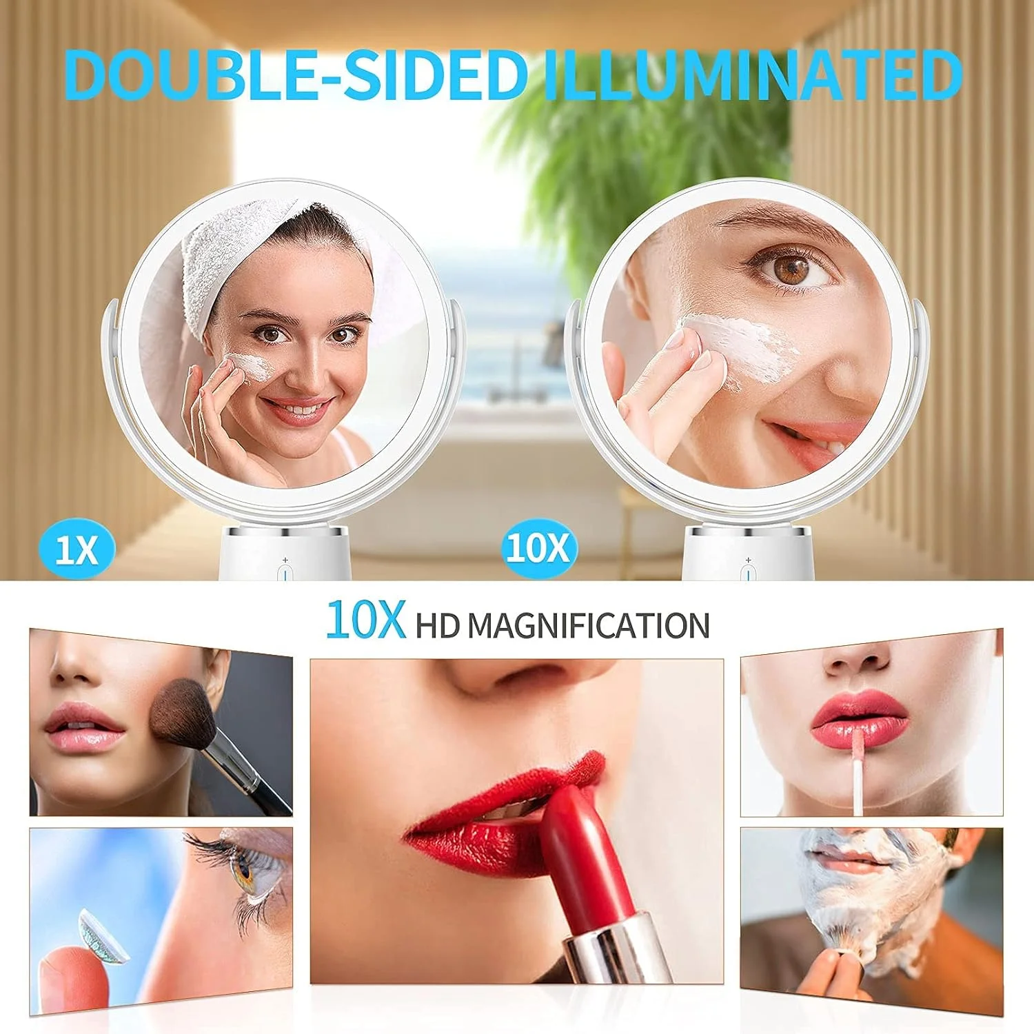 آینه آرایشی CHICLEW با نورپردازی، آینه بزرگنمایی روشن 10X/1X، آینه رومیزی LED دو طرفه، چرخش 360 درجه، آینه آرایش قابل شارژ USB با نور و دکمه لمسی هوشمند آینه آرایشی CHICLEW با نورپردازی، آینه بزرگنمایی روشن 10X/1X، آینه رومیزی LED دو طرفه، چرخش 360 درجه، آینه آرایش قابل شارژ USB با نور و دکمه لمسی هوشمند