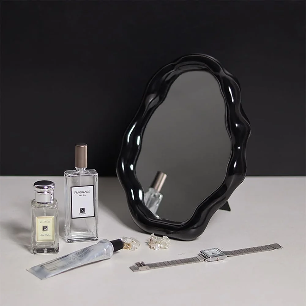 آینه آرایشی ابری برای میز، آینه رومیزی کوچک و زیبا با پایه قابل تنظیم، آینه های دکوری شیک برای دفتر، اتاق نشیمن، اتاق خواب (مشکی) آینه آرایشی ابری برای میز، آینه رومیزی کوچک و زیبا با پایه قابل تنظیم، آینه های دکوری شیک برای دفتر، اتاق نشیمن، اتاق خواب (مشکی)