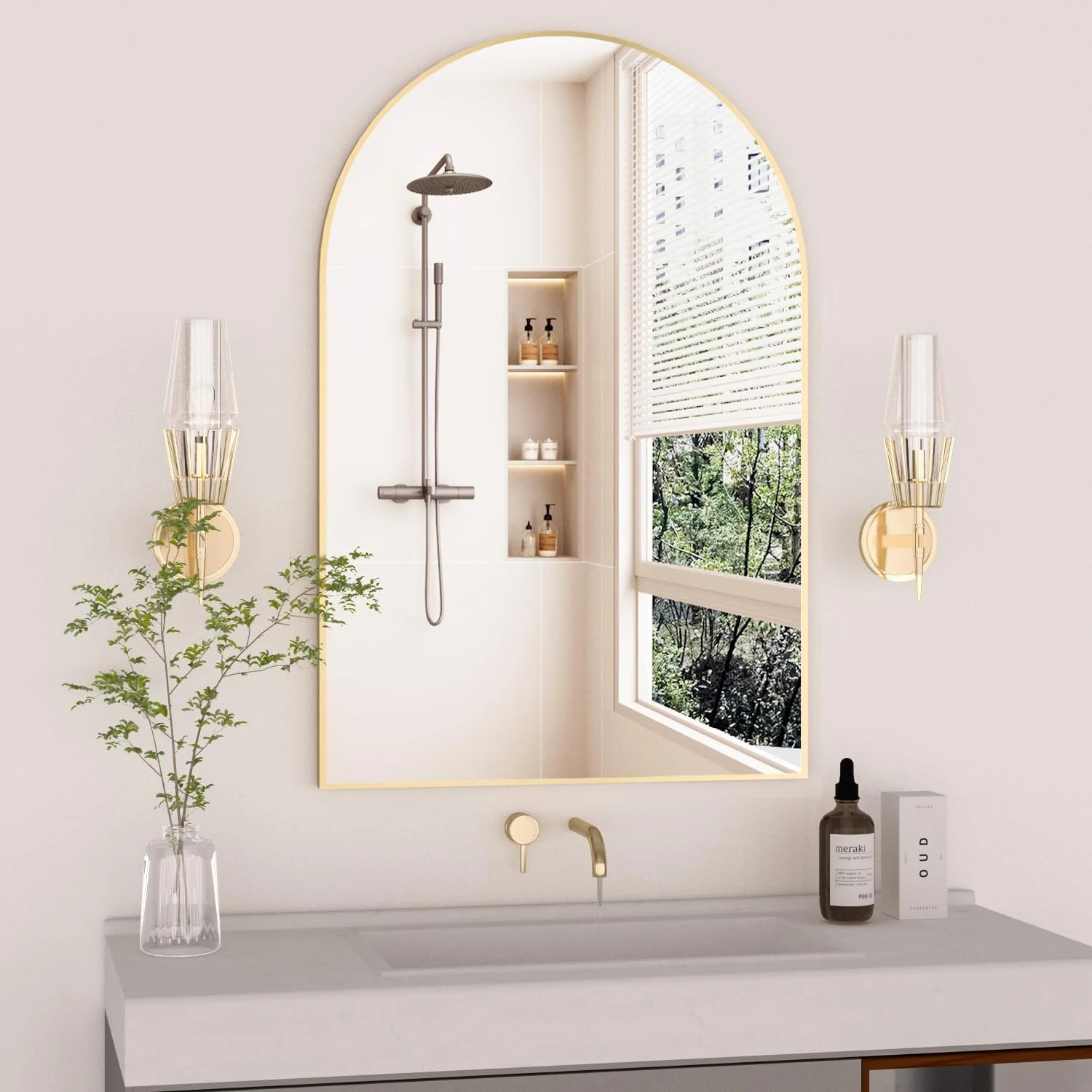 آینه قوسی CASSILANDO، آینه حمام قوسی 60×90 سانتی متر، آینه دیواری منحصر به فرد، آینه روشویی برای دکور دیوار اتاق نشیمن، آینه قاب فلزی، طلایی آینه قوسی CASSILANDO، آینه حمام قوسی 60×90 سانتی متر، آینه دیواری منحصر به فرد، آینه روشویی برای دکور دیوار اتاق نشیمن، آینه قاب فلزی، طلایی