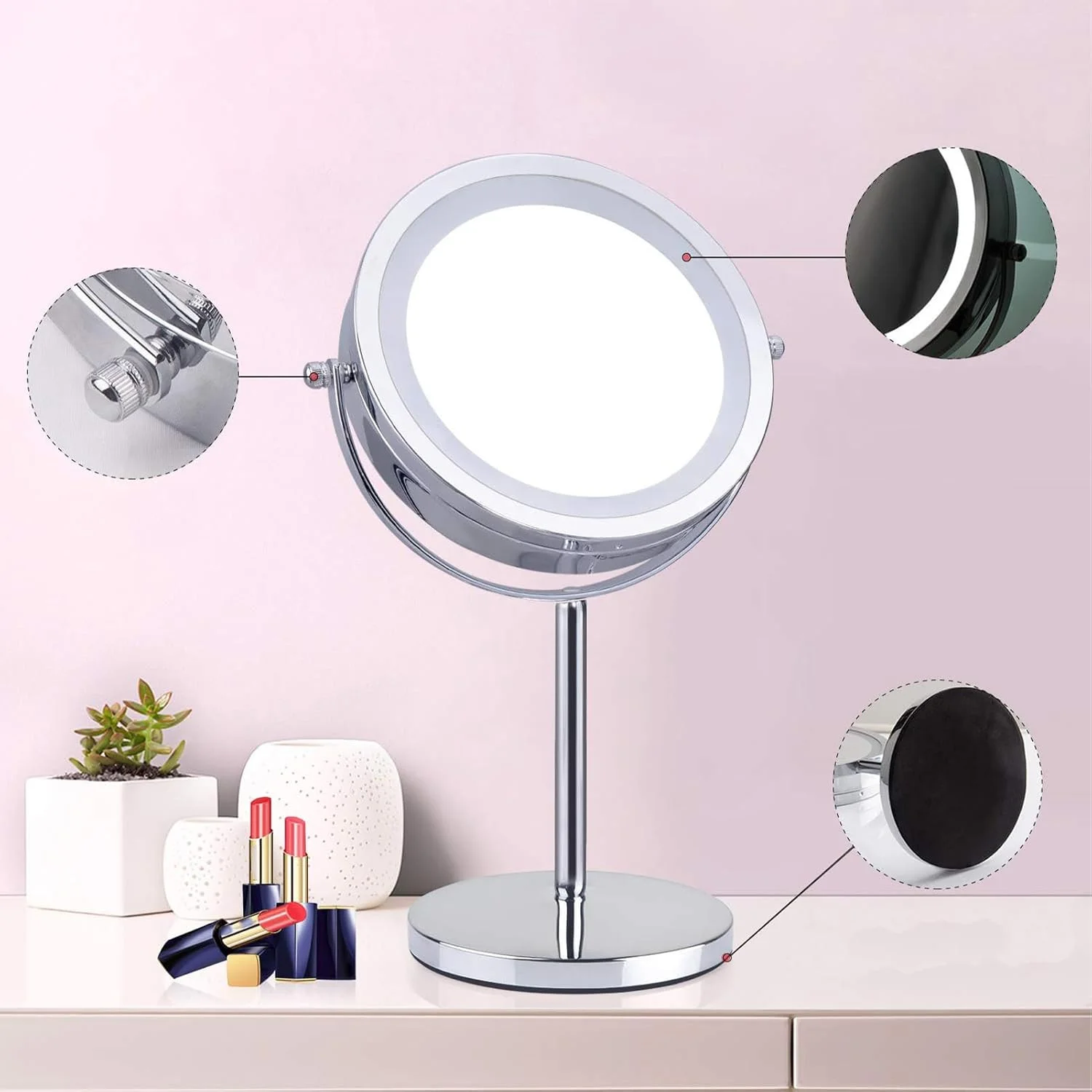 آینه آرایشی دو طرفه بزرگنمایی Cryfokt، آینه بزرگنمایی 5X، آینه رومیزی با چرخش 360 درجه با نور LED، آینه بزرگنمایی برای خانه، روشویی حمام و مسافرت آینه آرایشی دو طرفه بزرگنمایی Cryfokt، آینه بزرگنمایی 5X، آینه رومیزی با چرخش 360 درجه با نور LED، آینه بزرگنمایی برای خانه، روشویی حمام و مسافرت