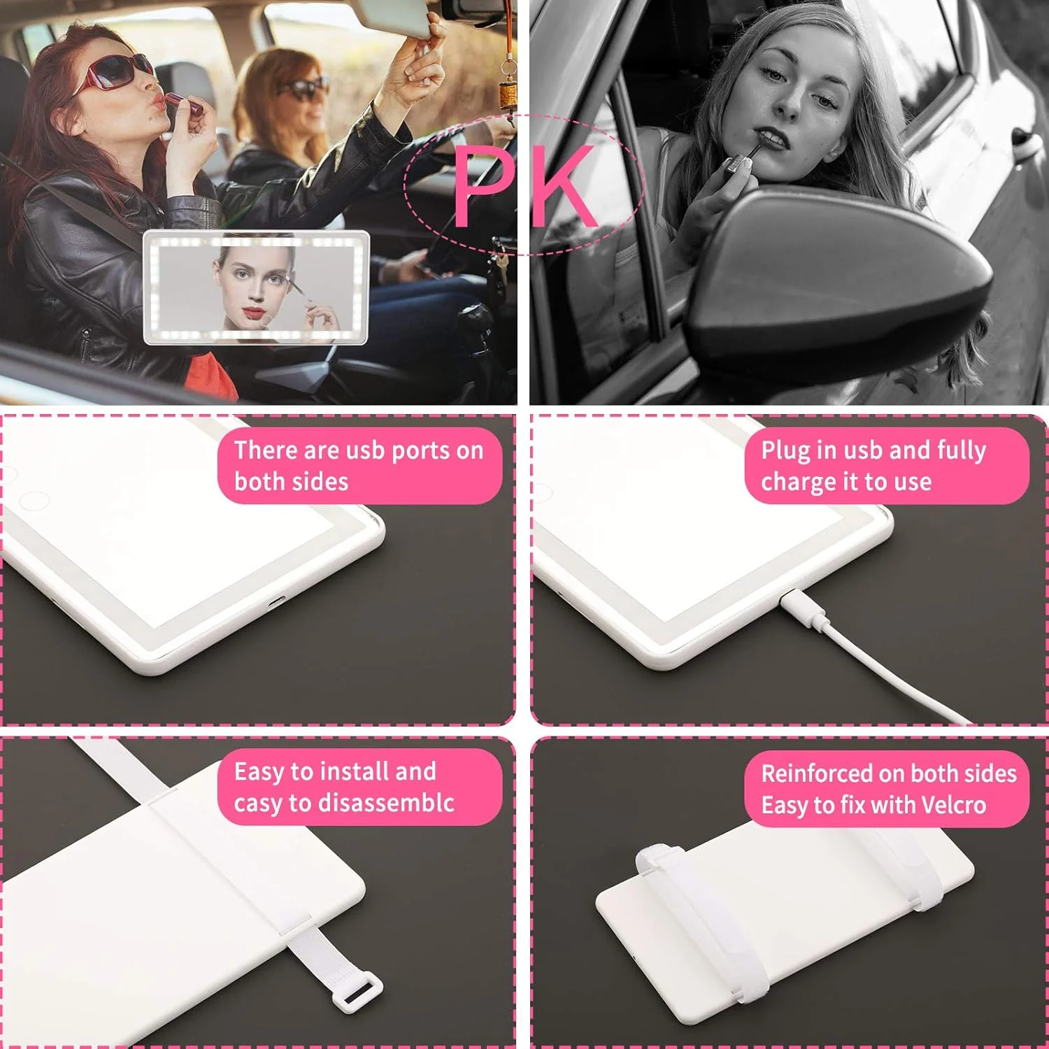 آینه آرایشی آفتابگیر خودرو، قابل شارژ با 3 حالت نور و 60 LED، آینه برای کامیون، SUV، دید عقب، صفحه لمسی دیمر دار، لوازم جانبی آینه برای زنان و دختران (سفید)