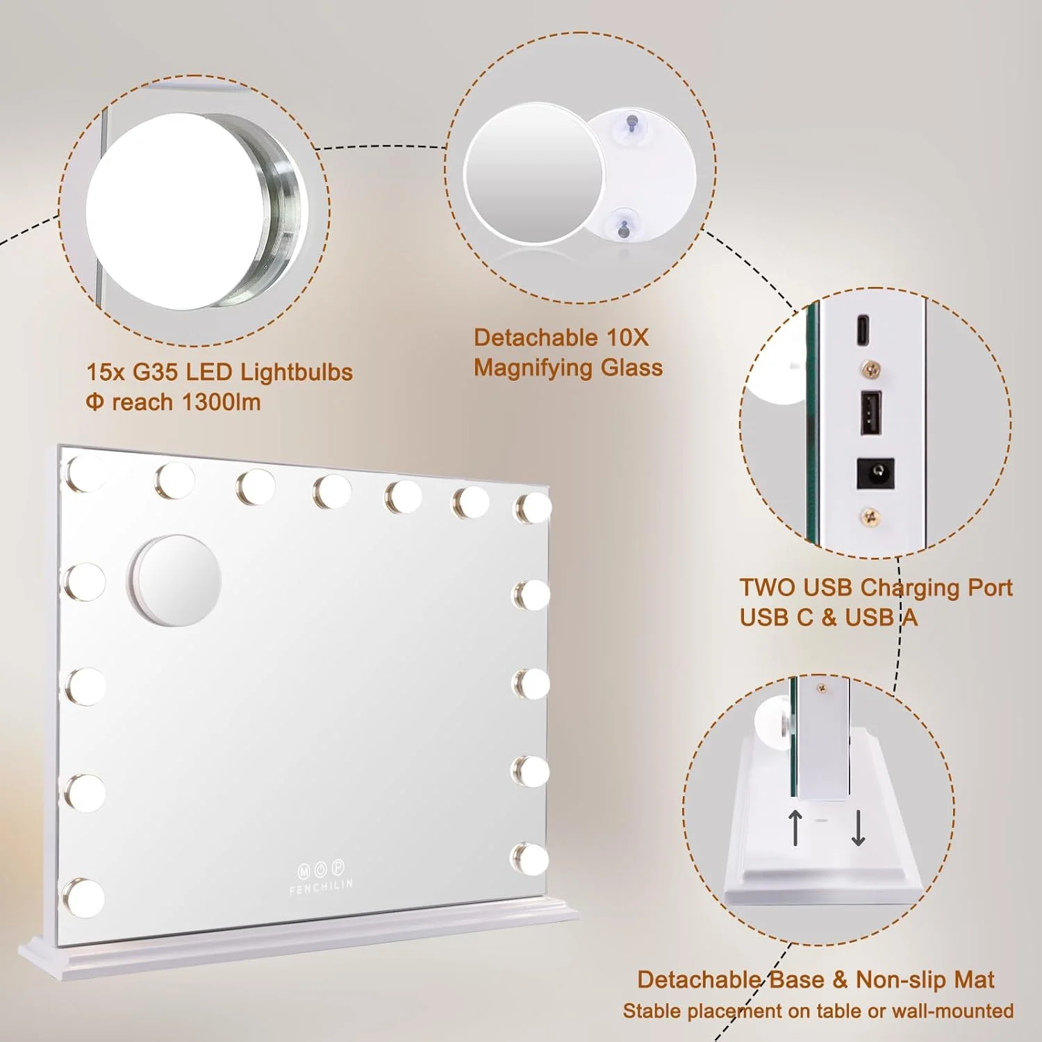 آینه آرایشی چراغ دار فنچیلین، آینه گریم هالیوودی با 15 لامپ LED قابل تنظیم نور برای اتاق پرو و اتاق خواب، طراحی قاب فلزی باریک، سفید آینه آرایشی چراغ دار فنچیلین، آینه گریم هالیوودی با 15 لامپ LED قابل تنظیم نور برای اتاق پرو و اتاق خواب، طراحی قاب فلزی باریک، سفید