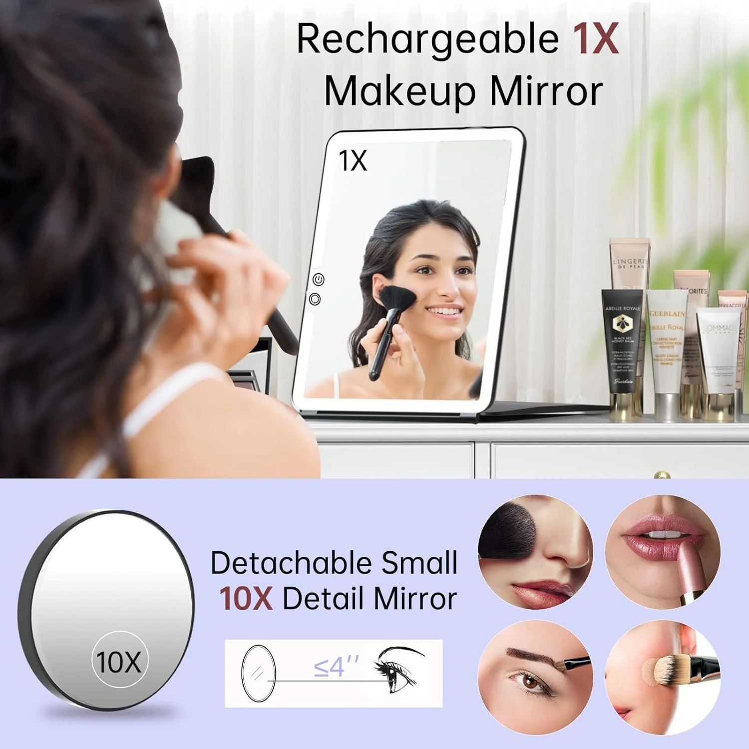 آینه آرایشی مسافرتی بزرگ قابل حمل KASTWAVE با چراغ، آینه آرایشی شارژی 1800 میلی آمپر ساعتی با نور، با بزرگنمایی 10 برابر، آینه LED مسافرتی با 3 رنگ نور، آینه آرایشی تاشو جمع و جور آینه آرایشی مسافرتی بزرگ قابل حمل KASTWAVE با چراغ، آینه آرایشی شارژی 1800 میلی آمپر ساعتی با نور، با بزرگنمایی 10 برابر، آینه LED مسافرتی با 3 رنگ نور، آینه آرایشی تاشو جمع و جور
