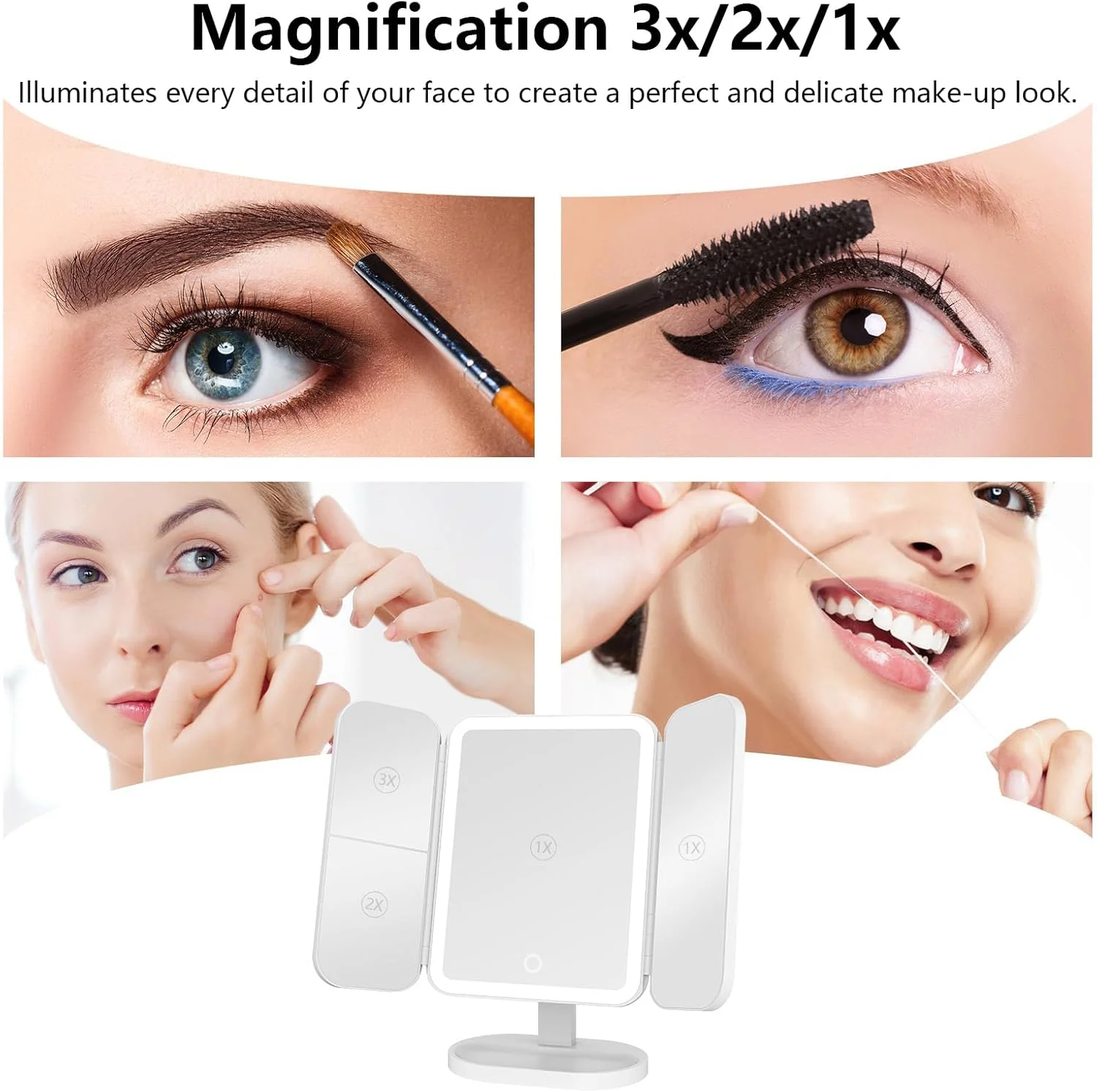 آینه آرایشی با چراغ، آینه آرایشی شارژی با بزرگنمایی 2X 3X، آینه آرایشی ال ای دی قابل حمل، 3 رنگ نور، حسگر لمسی، آینه سه تایی، آینه روشن برای روی میز آینه آرایشی با چراغ، آینه آرایشی شارژی با بزرگنمایی 2X 3X، آینه آرایشی ال ای دی قابل حمل، 3 رنگ نور، حسگر لمسی، آینه سه تایی، آینه روشن برای روی میز