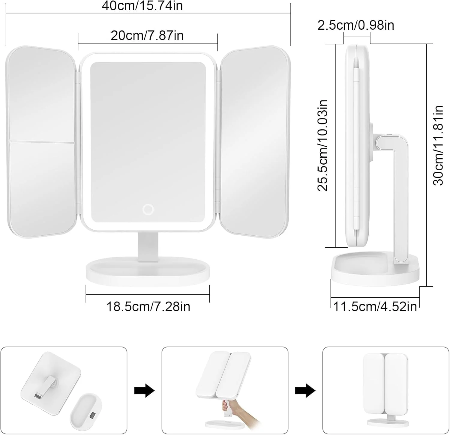 آینه آرایشی با چراغ، آینه آرایشی شارژی با بزرگنمایی 2X 3X، آینه آرایشی ال ای دی قابل حمل، 3 رنگ نور، حسگر لمسی، آینه سه تایی، آینه روشن برای روی میز آینه آرایشی با چراغ، آینه آرایشی شارژی با بزرگنمایی 2X 3X، آینه آرایشی ال ای دی قابل حمل، 3 رنگ نور، حسگر لمسی، آینه سه تایی، آینه روشن برای روی میز