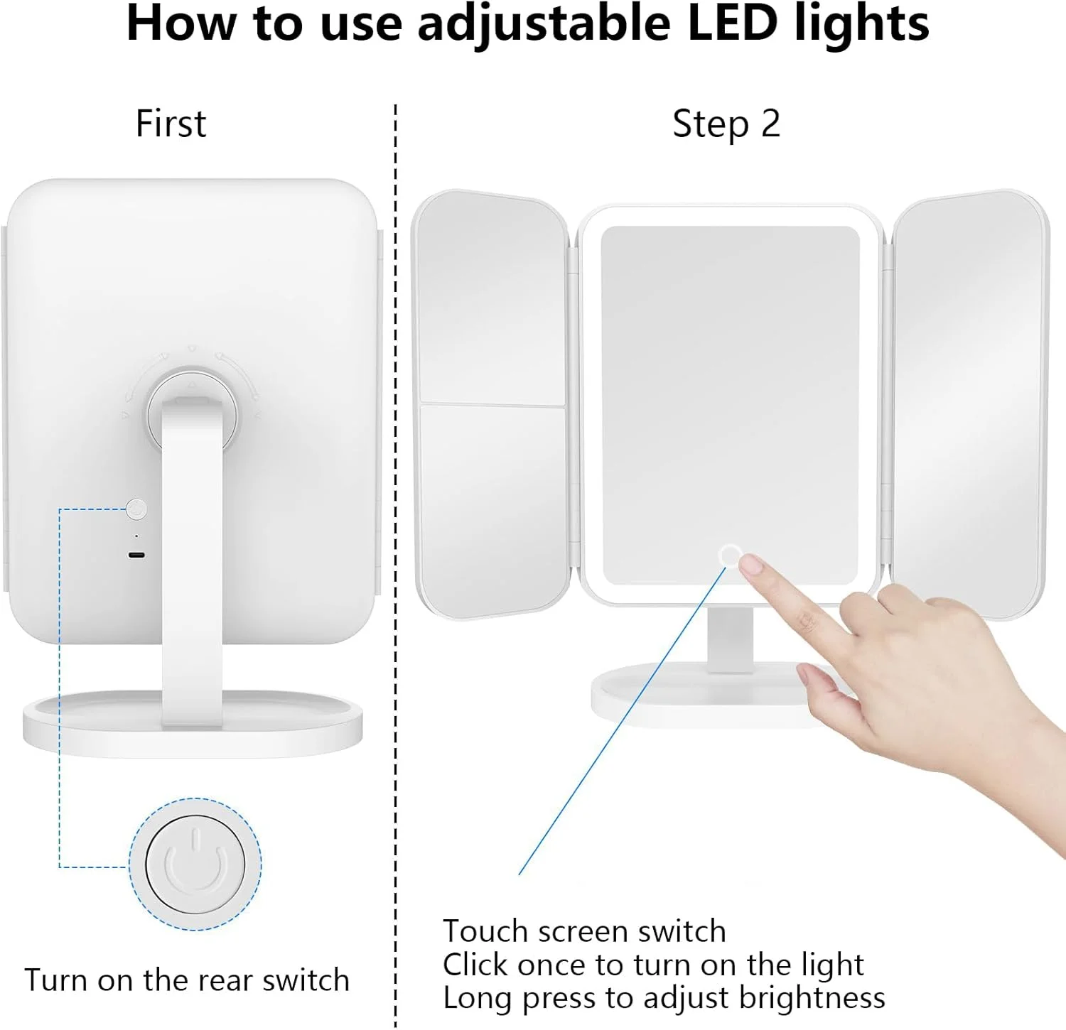 آینه آرایشی با چراغ، آینه آرایشی شارژی با بزرگنمایی 2X 3X، آینه آرایشی ال ای دی قابل حمل، 3 رنگ نور، حسگر لمسی، آینه سه تایی، آینه روشن برای روی میز آینه آرایشی با چراغ، آینه آرایشی شارژی با بزرگنمایی 2X 3X، آینه آرایشی ال ای دی قابل حمل، 3 رنگ نور، حسگر لمسی، آینه سه تایی، آینه روشن برای روی میز