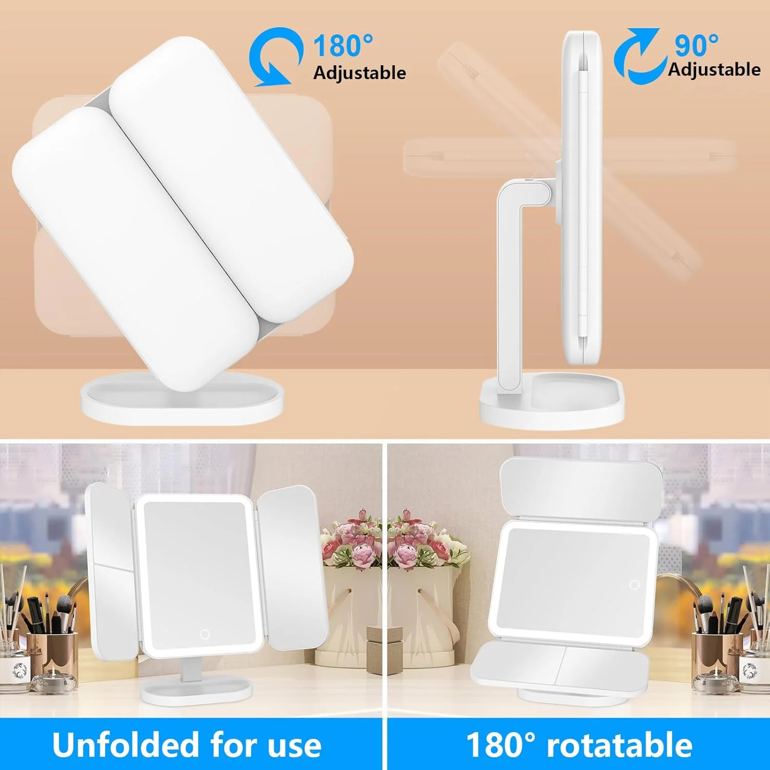 آینه آرایشی با چراغ، آینه آرایشی شارژی با بزرگنمایی 2X 3X، آینه آرایشی ال ای دی قابل حمل، 3 رنگ نور، حسگر لمسی، آینه سه تایی، آینه روشن برای روی میز آینه آرایشی با چراغ، آینه آرایشی شارژی با بزرگنمایی 2X 3X، آینه آرایشی ال ای دی قابل حمل، 3 رنگ نور، حسگر لمسی، آینه سه تایی، آینه روشن برای روی میز