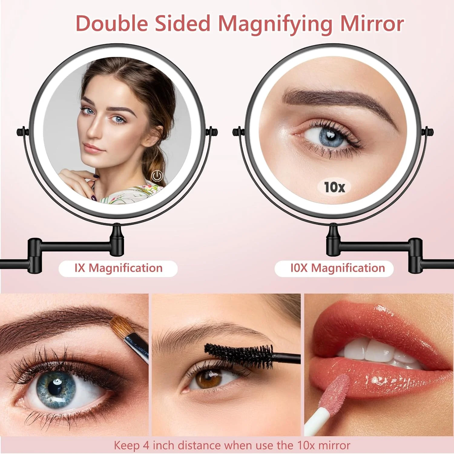 آینه آرایشی دیواری شارژی با نور پس زمینه 8 اینچی دو طرفه بزرگنمایی 1X/10X آینه آرایشی LED با 3 رنگ نور صفحه لمسی قابل تنظیم چرخش 360 درجه آینه حمام قابل افزایش آینه اصلاح مشکی آینه آرایشی دیواری شارژی با نور پس زمینه 8 اینچی دو طرفه بزرگنمایی 1X/10X آینه آرایشی LED با 3 رنگ نور صفحه لمسی قابل تنظیم چرخش 360 درجه آینه حمام قابل افزایش آینه اصلاح مشکی