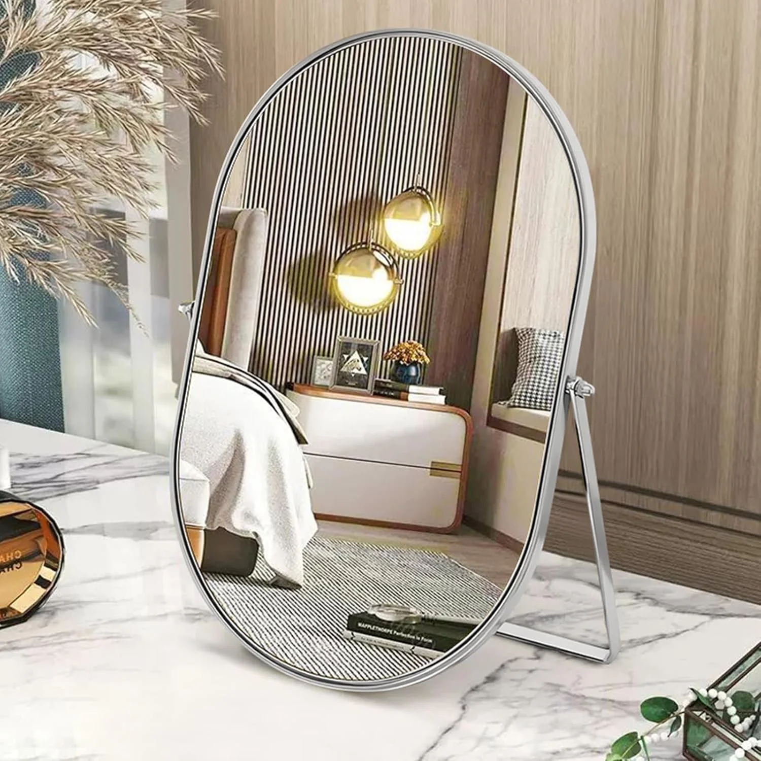 آینه رومیزی بیضی شکل با قاب فلزی چرخان 90 درجه - آینه رومیزی قابل حمل با کیفیت بالا برای پیشخوان، میز آرایش، اتاق نشیمن، اتاق خواب، حمام - نقره ای بزرگ آینه رومیزی بیضی شکل با قاب فلزی چرخان 90 درجه - آینه رومیزی قابل حمل با کیفیت بالا برای پیشخوان، میز آرایش، اتاق نشیمن، اتاق خواب، حمام - نقره ای بزرگ