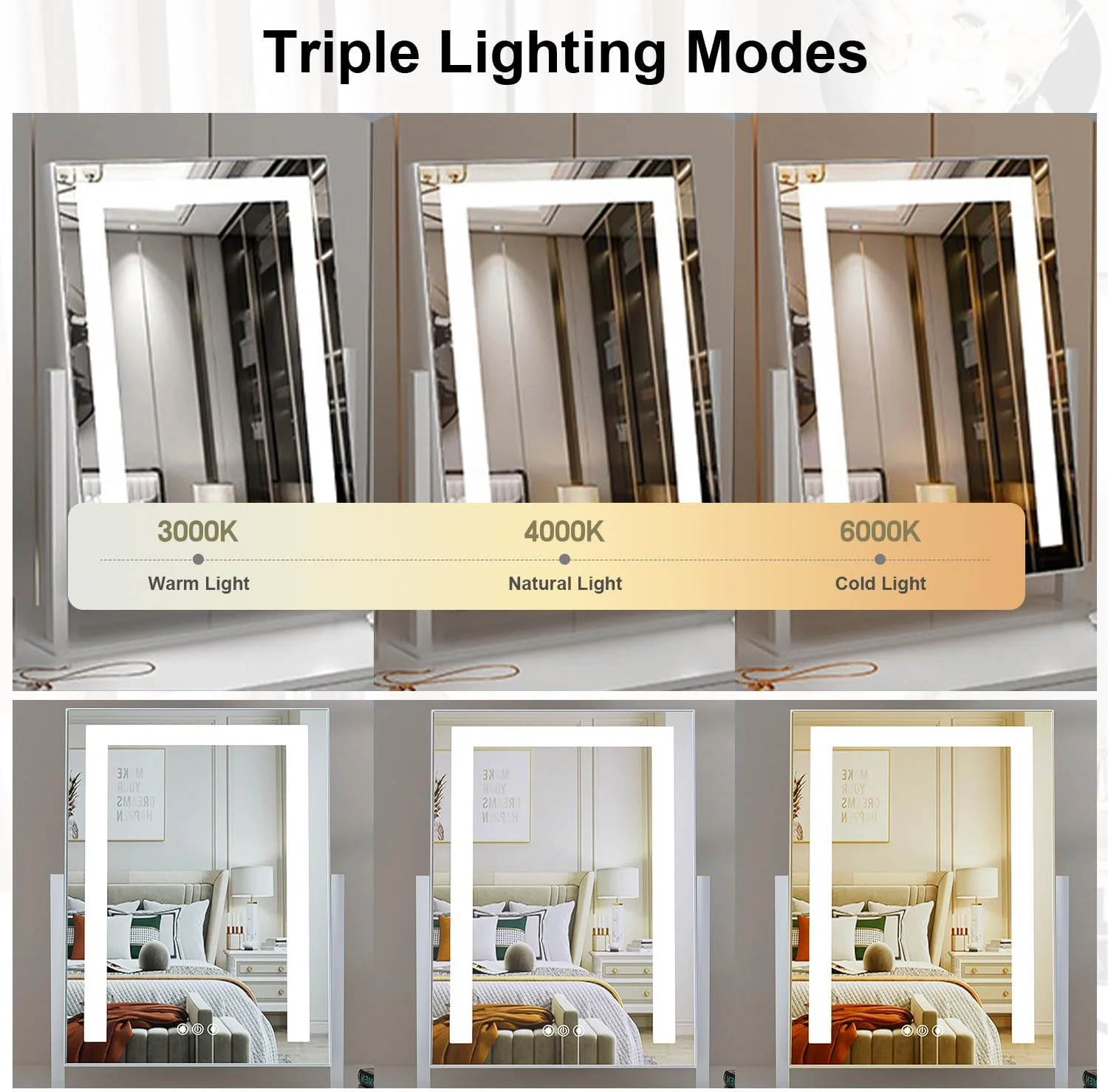 آینه آرایشی RichLuck با چراغ، آینه آرایشی با 3 حالت نورپردازی با کنترل لمسی هوشمند، آینه آرایشی هالیوودی با قابلیت چرخش 360 درجه و چراغ، آینه رومیزی روشن ضد انفجار (سفید)