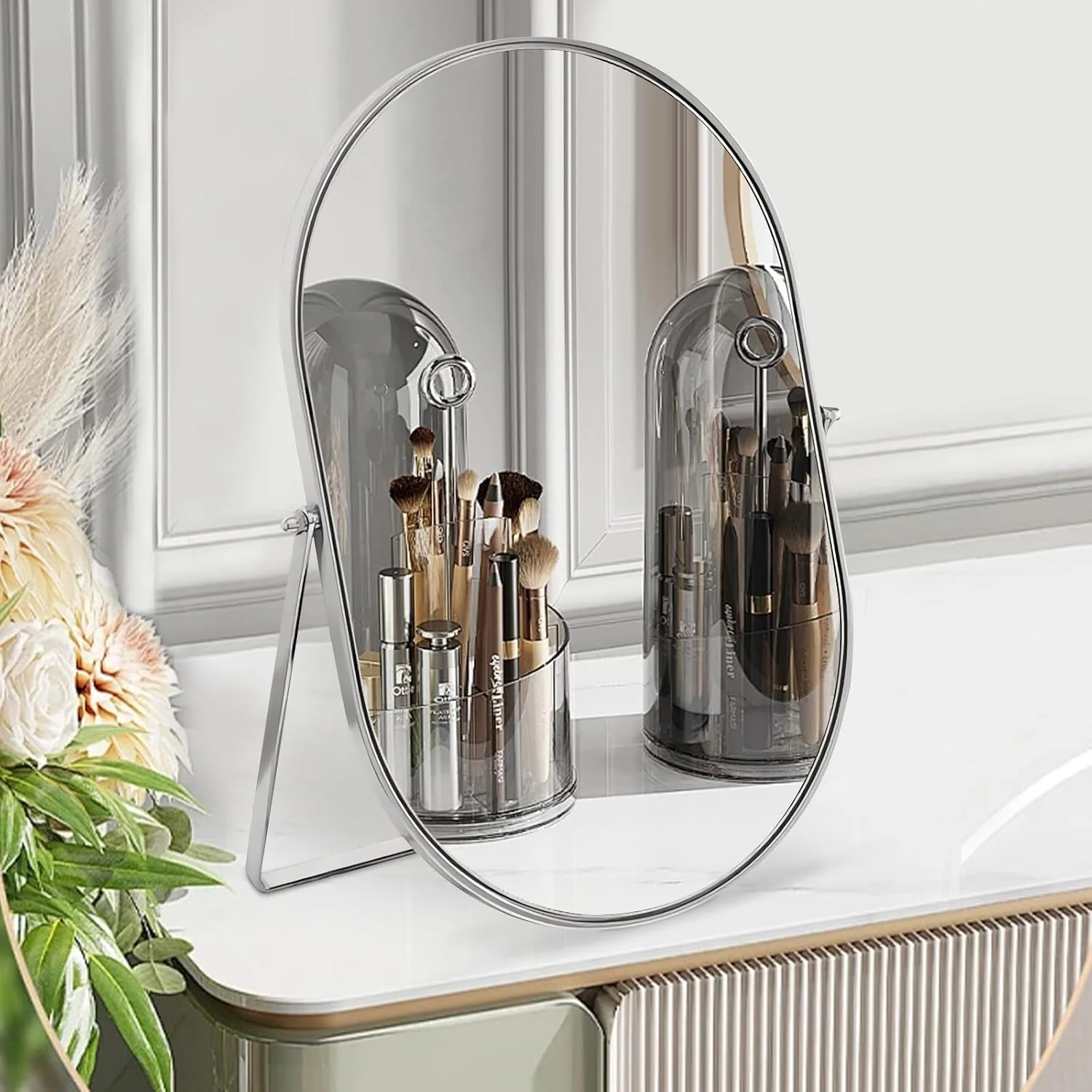 آینه رومیزی بیضی شکل با قاب فلزی چرخان 90 درجه - آینه رومیزی قابل حمل با کیفیت بالا برای پیشخوان، میز آرایش، اتاق نشیمن، اتاق خواب، حمام - نقره ای بزرگ