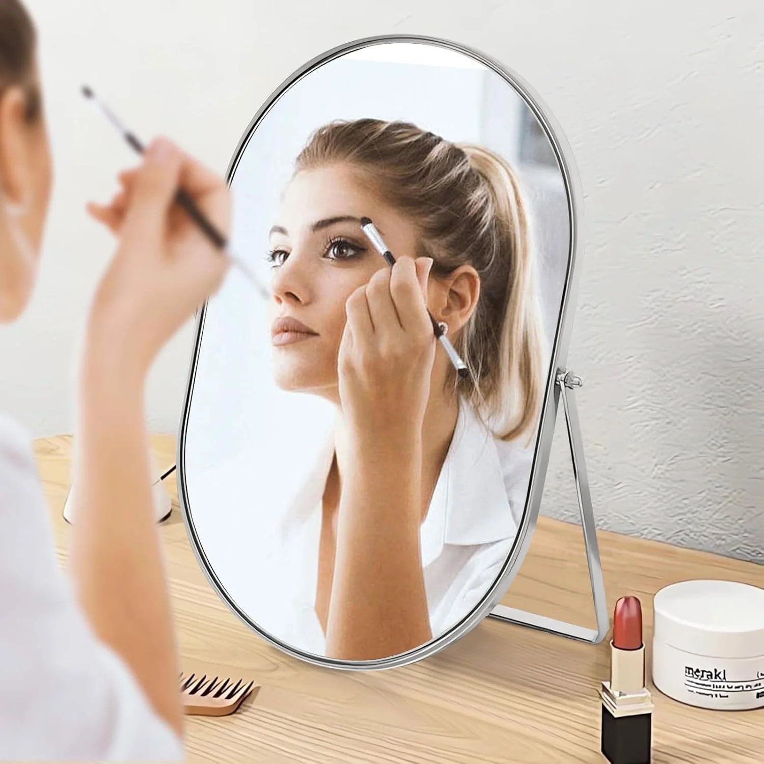 آینه رومیزی بیضی شکل با قاب فلزی چرخان 90 درجه - آینه رومیزی قابل حمل با کیفیت بالا برای پیشخوان، میز آرایش، اتاق نشیمن، اتاق خواب، حمام - نقره ای بزرگ