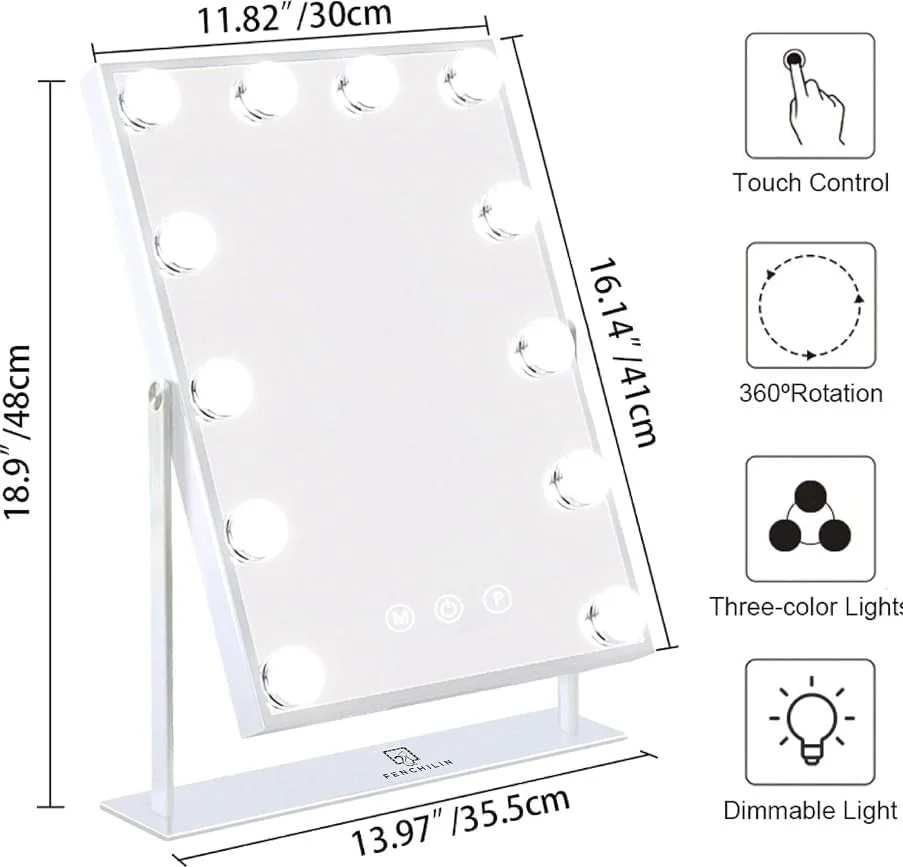 Premium Quality Lighted Makeup Mirror Hollywood Mirror Vanity Mirror with Lights, Touch Control Design 3 Colors Dimable LED Bulbs, 360°Rotation (White, 12 Bulbs) Premium Quality Lighted Makeup Mirror Hollywood Mirror Vanity Mirror with Lights, Touch Control Design 3 Colors Dimable LED Bulbs, 360°Rotation (White, 12 Bulbs)