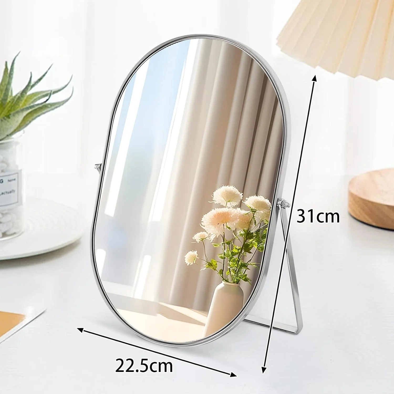 آینه رومیزی بیضی شکل با قاب فلزی چرخان 90 درجه - آینه رومیزی قابل حمل با کیفیت بالا برای پیشخوان، میز آرایش، اتاق نشیمن، اتاق خواب، حمام - نقره ای بزرگ