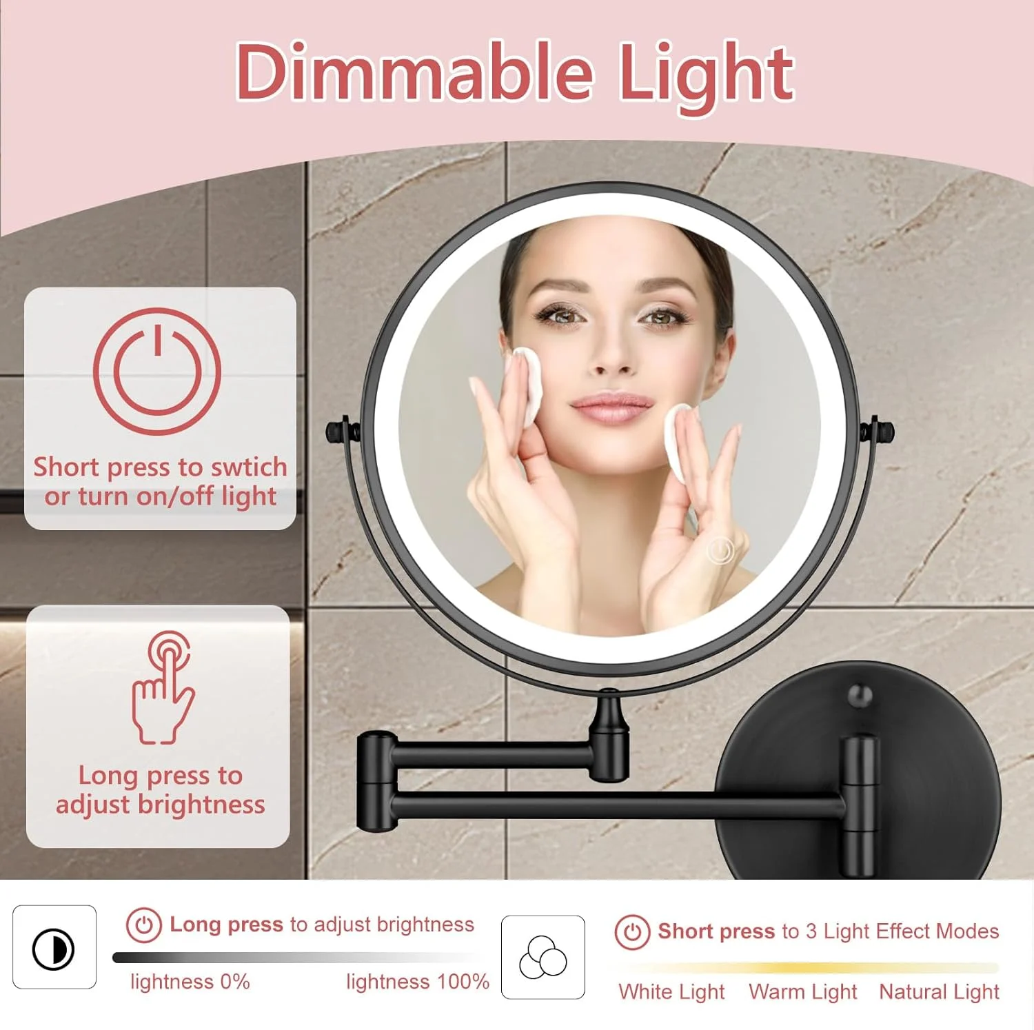 آینه آرایشی دیواری شارژی با نور پس زمینه 8 اینچی دو طرفه بزرگنمایی 1X/10X آینه آرایشی LED با 3 رنگ نور صفحه لمسی قابل تنظیم چرخش 360 درجه آینه حمام قابل افزایش آینه اصلاح مشکی آینه آرایشی دیواری شارژی با نور پس زمینه 8 اینچی دو طرفه بزرگنمایی 1X/10X آینه آرایشی LED با 3 رنگ نور صفحه لمسی قابل تنظیم چرخش 360 درجه آینه حمام قابل افزایش آینه اصلاح مشکی