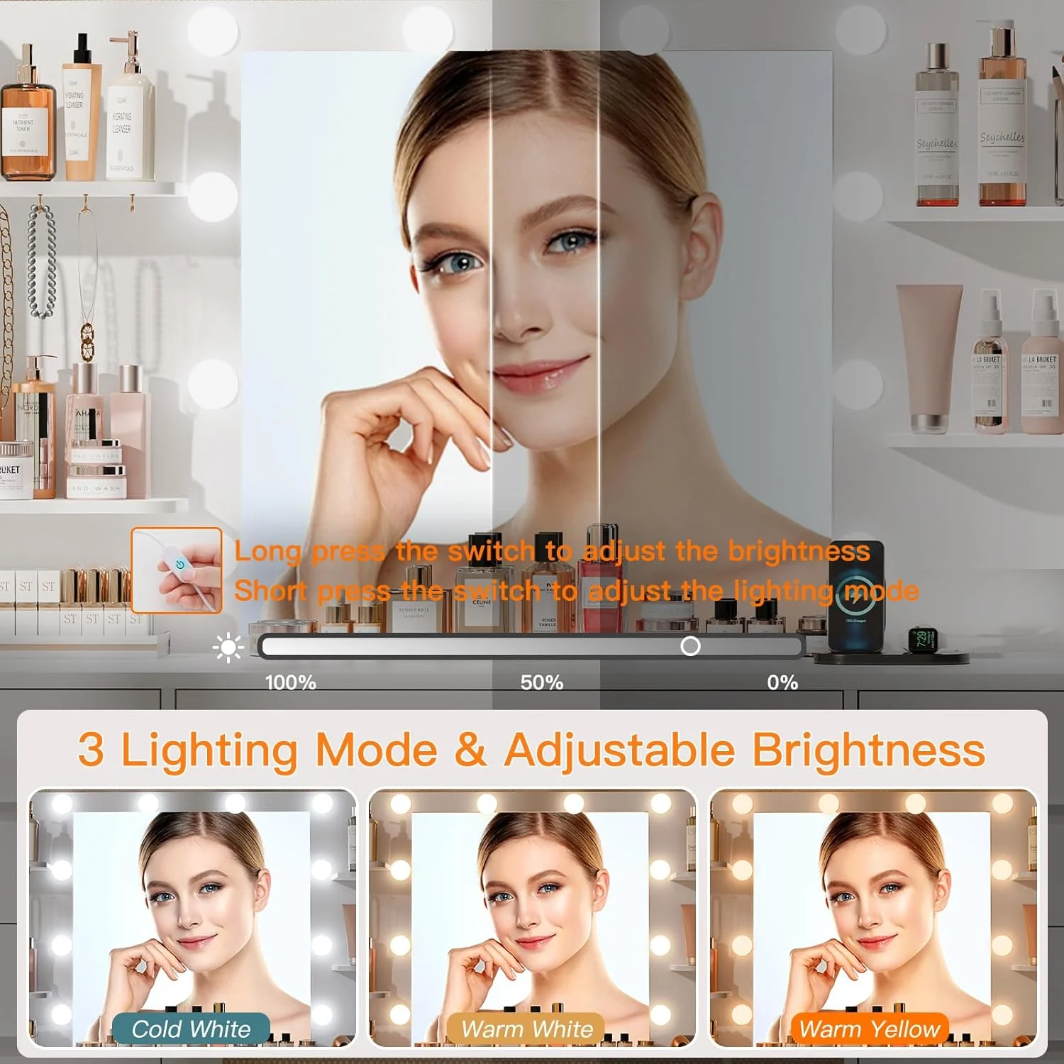 میز آرایش بزرگ Quimoo با آینه LED دار و پریز برق، میز آرایش با 7 کشو، 4 قفسه و 5 آویز، میز آرایش، ست میز آرایش برای اتاق خواب، حمام، سفید