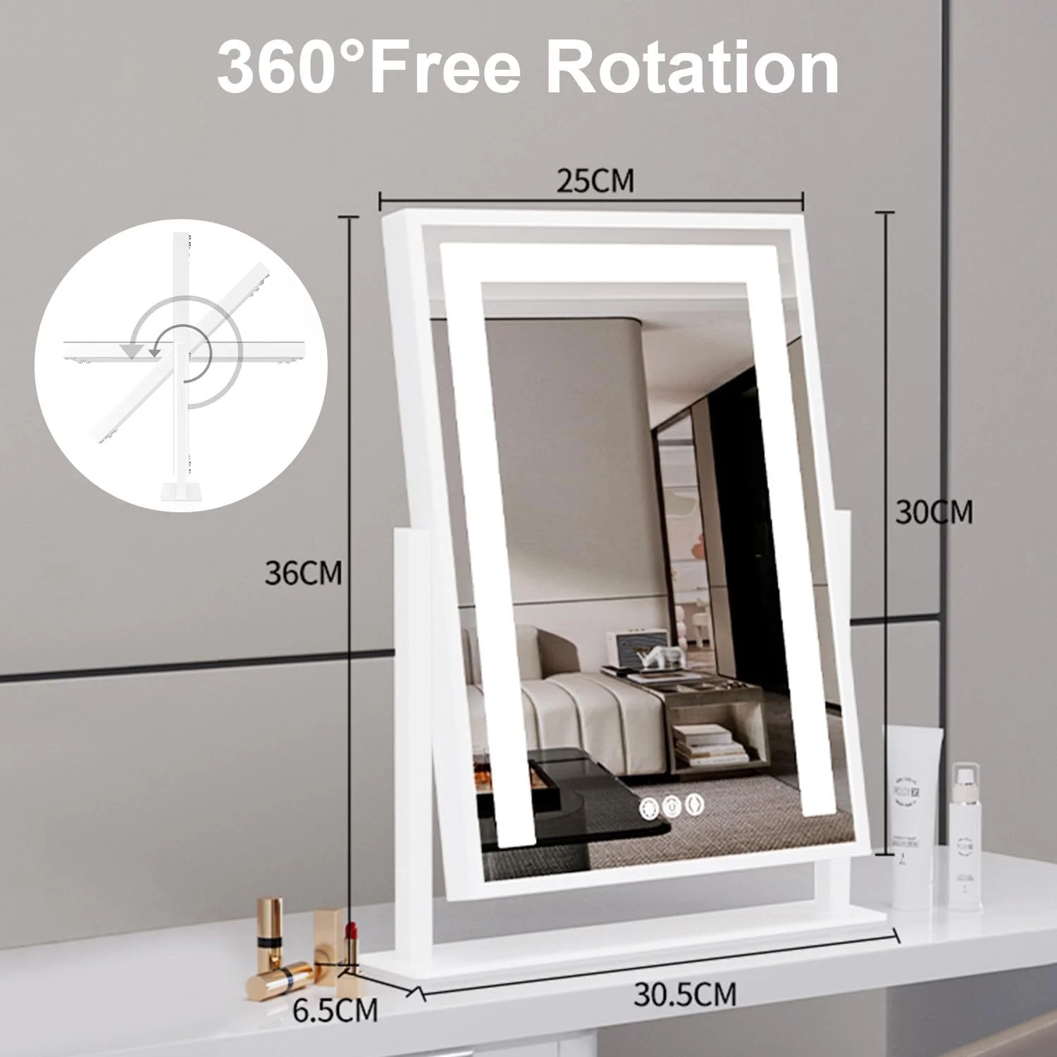 آینه آرایشی RichLuck با چراغ، آینه آرایشی با 3 حالت نورپردازی با کنترل لمسی هوشمند، آینه آرایشی هالیوودی با قابلیت چرخش 360 درجه و چراغ، آینه رومیزی روشن ضد انفجار (سفید)