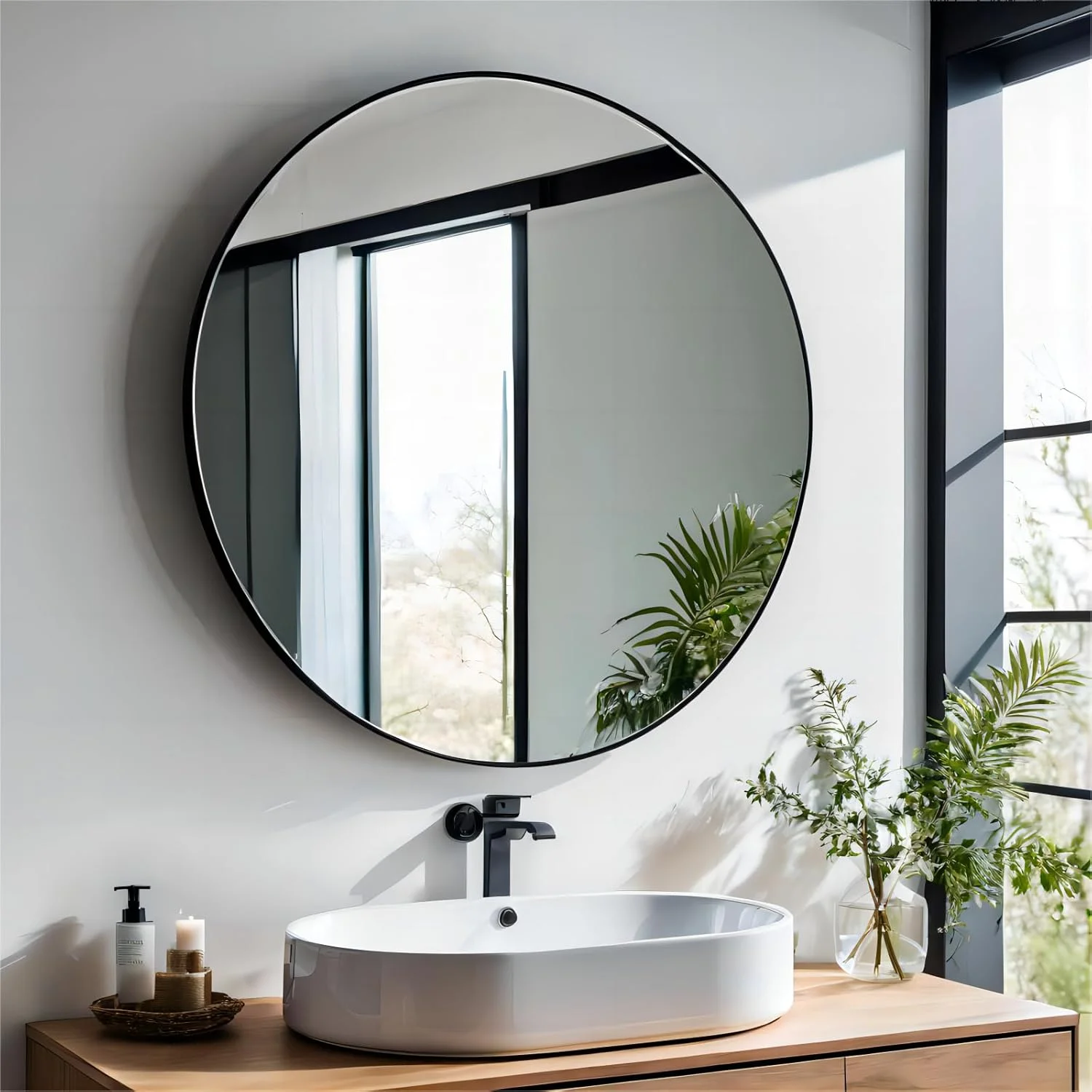 آینه گرد روکو اوشن برای حمام، 60 سانتی متر (24 اینچ) آینه مشکی برای دیوار، آینه روشویی دیواری برای حمام، اتاق نشیمن، آینه دکور دیوار، آینه آرایشی