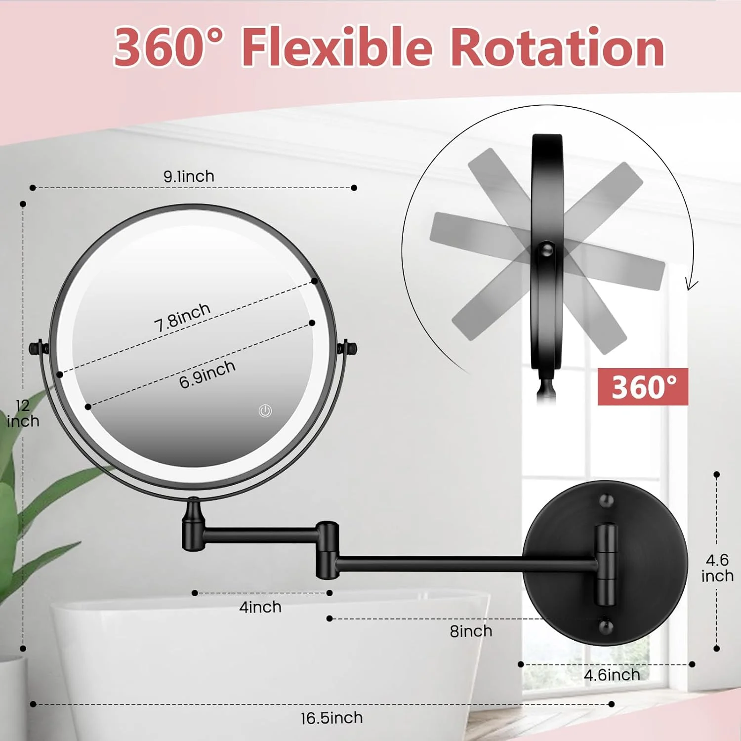 آینه آرایشی دیواری شارژی با نور پس زمینه 8 اینچی دو طرفه بزرگنمایی 1X/10X آینه آرایشی LED با 3 رنگ نور صفحه لمسی قابل تنظیم چرخش 360 درجه آینه حمام قابل افزایش آینه اصلاح مشکی آینه آرایشی دیواری شارژی با نور پس زمینه 8 اینچی دو طرفه بزرگنمایی 1X/10X آینه آرایشی LED با 3 رنگ نور صفحه لمسی قابل تنظیم چرخش 360 درجه آینه حمام قابل افزایش آینه اصلاح مشکی