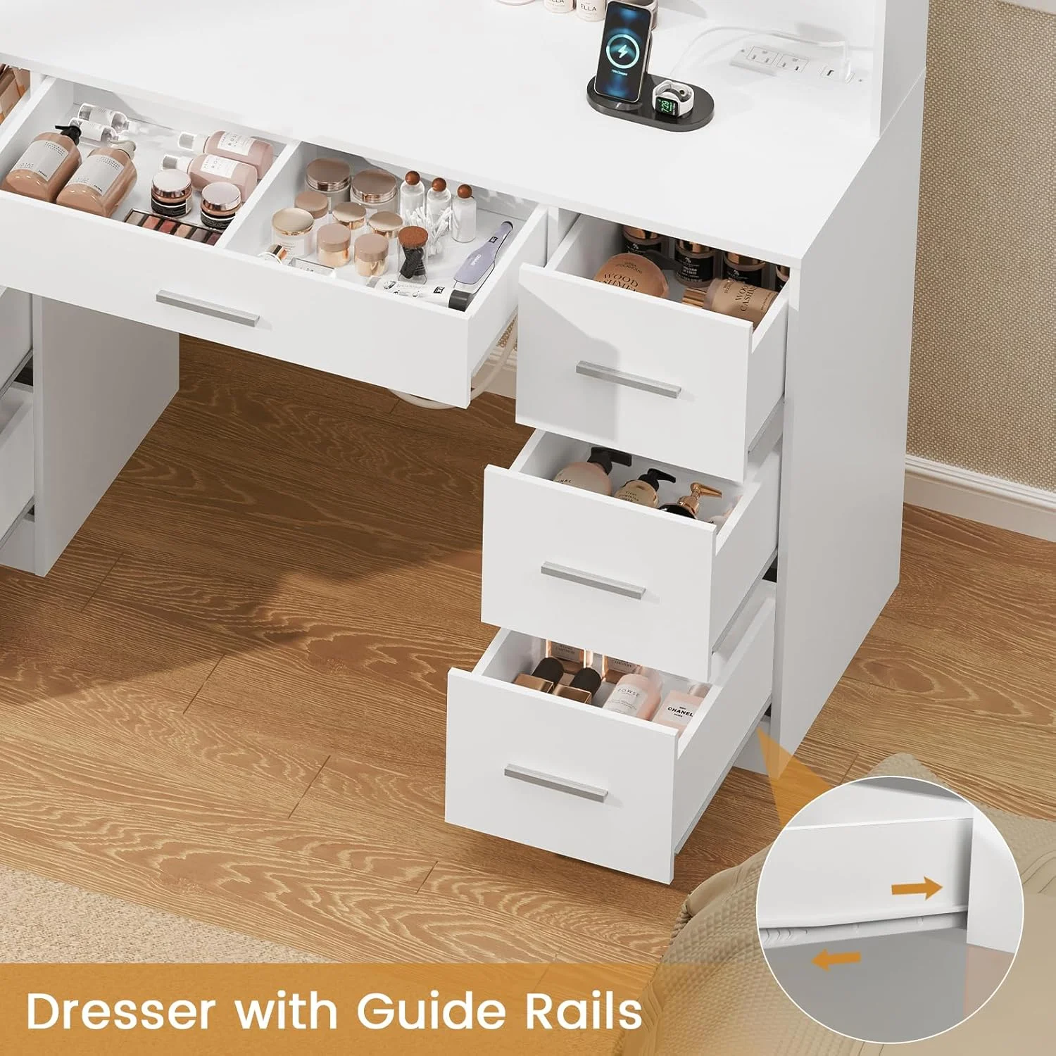 میز آرایش بزرگ Quimoo با آینه LED دار و پریز برق، میز آرایش با 7 کشو، 4 قفسه و 5 آویز، میز آرایش، ست میز آرایش برای اتاق خواب، حمام، سفید