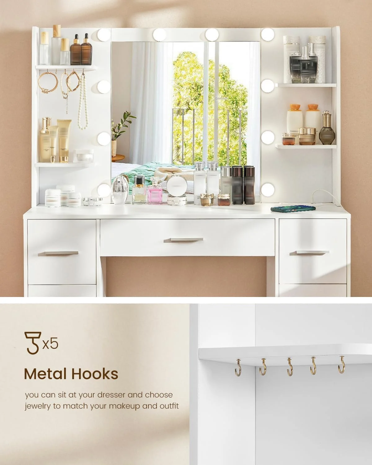 میز آرایش بزرگ Quimoo با آینه LED دار و پریز برق، میز آرایش با 7 کشو، 4 قفسه و 5 آویز، میز آرایش، ست میز آرایش برای اتاق خواب، حمام، سفید