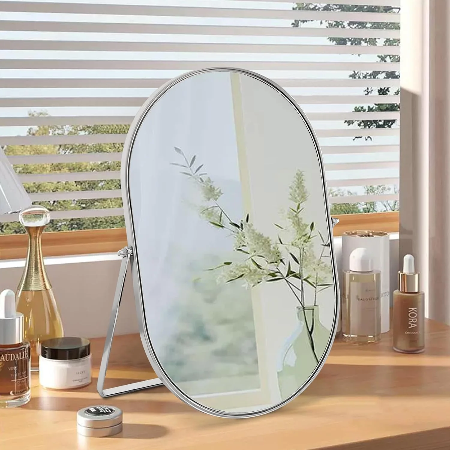 آینه رومیزی بیضی شکل با قاب فلزی چرخان 90 درجه - آینه رومیزی قابل حمل با کیفیت بالا برای پیشخوان، میز آرایش، اتاق نشیمن، اتاق خواب، حمام - نقره ای بزرگ