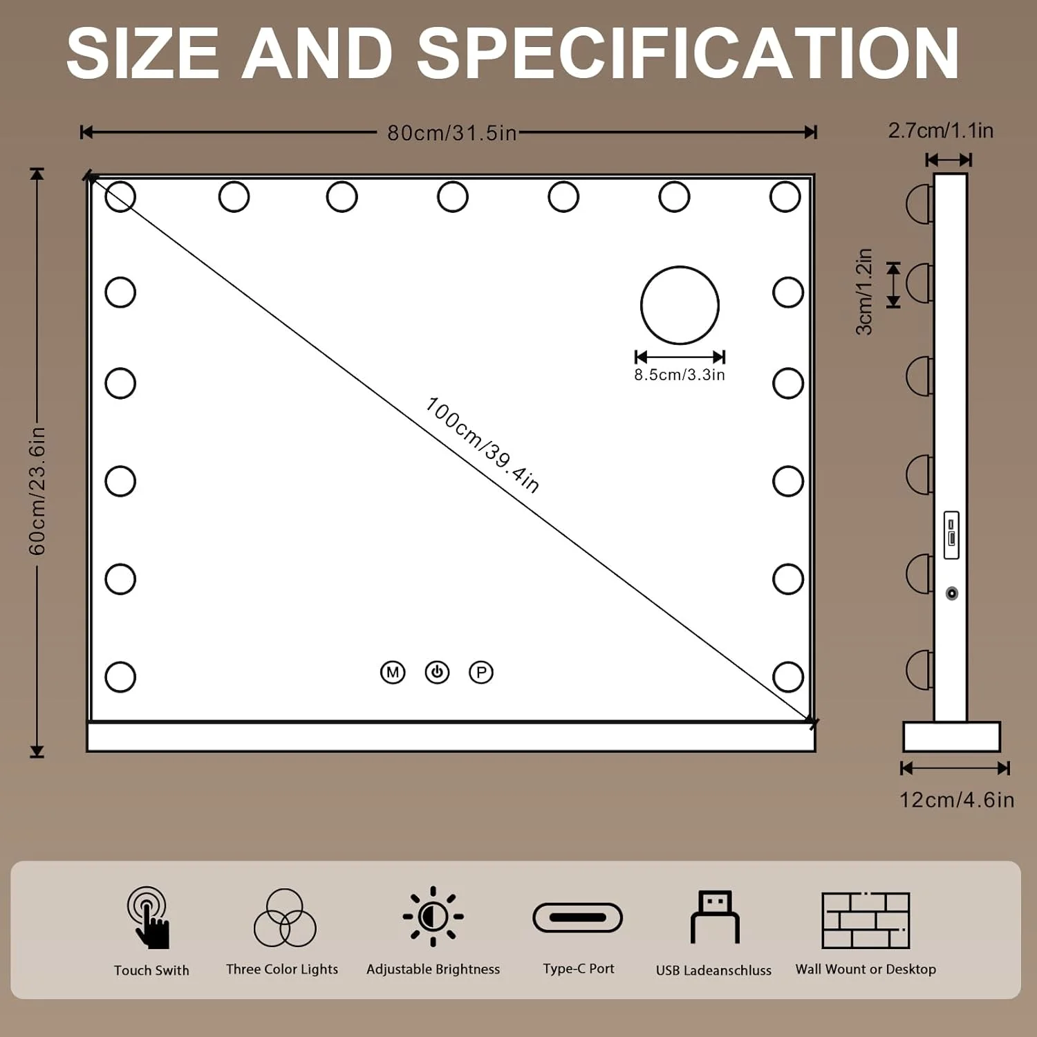 آینه آرایشی بزرگ هالیوودی Puselo با چراغ های LED (80X62 سانتی متر) آینه آرایشی بزرگ هالیوودی Puselo با چراغ های LED (80X62 سانتی متر)