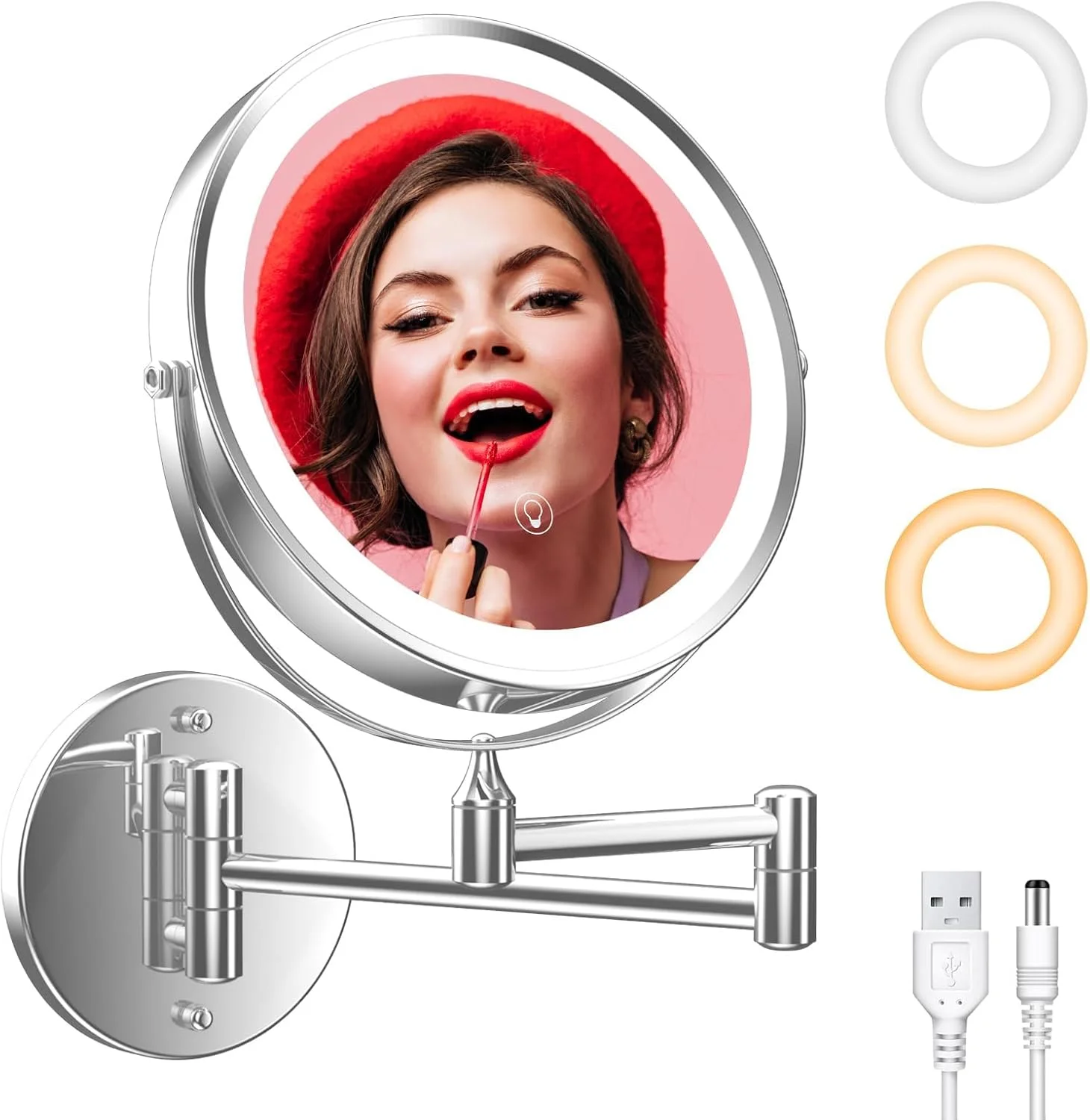 آینه آرایشی دیواری شارژی کروم، آینه دو طرفه LED با بزرگنمایی 1X/10X، چراغ با 3 رنگ نور، صفحه لمسی دیمر دار با قابلیت چرخش 360 درجه، سایز 8 اینچ/20 سانتی متر آینه آرایشی دیواری شارژی کروم، آینه دو طرفه LED با بزرگنمایی 1X/10X، چراغ با 3 رنگ نور، صفحه لمسی دیمر دار با قابلیت چرخش 360 درجه، سایز 8 اینچ/20 سانتی متر
