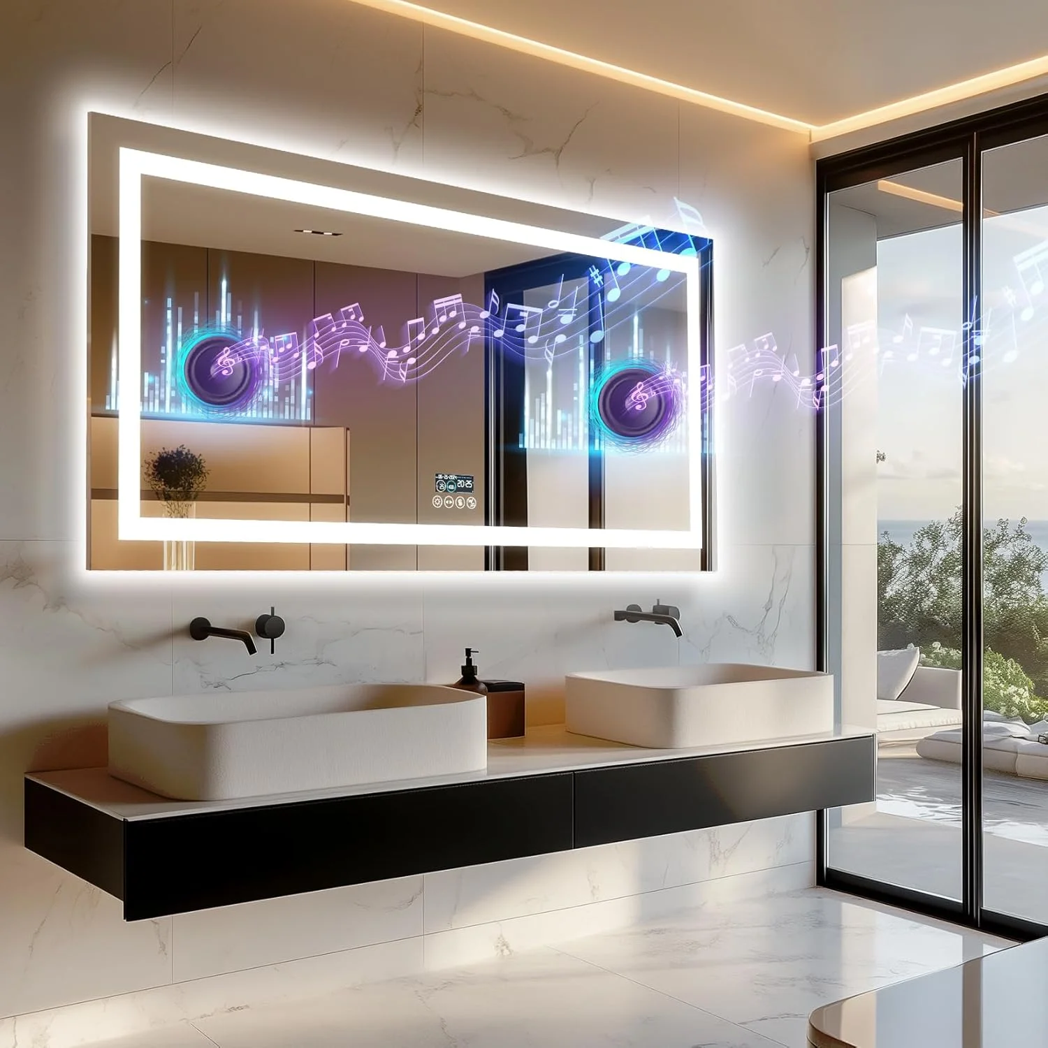 آینه حمام Wisfor با چراغ‌های LED: آینه بزرگ دیواری روشن 1400x700 میلی‌متر با بلوتوث، نور جلوی 3 رنگ قابل تنظیم + نور پس زمینه، ضد بخار، عملکرد حافظه، نمایش زمان و دما