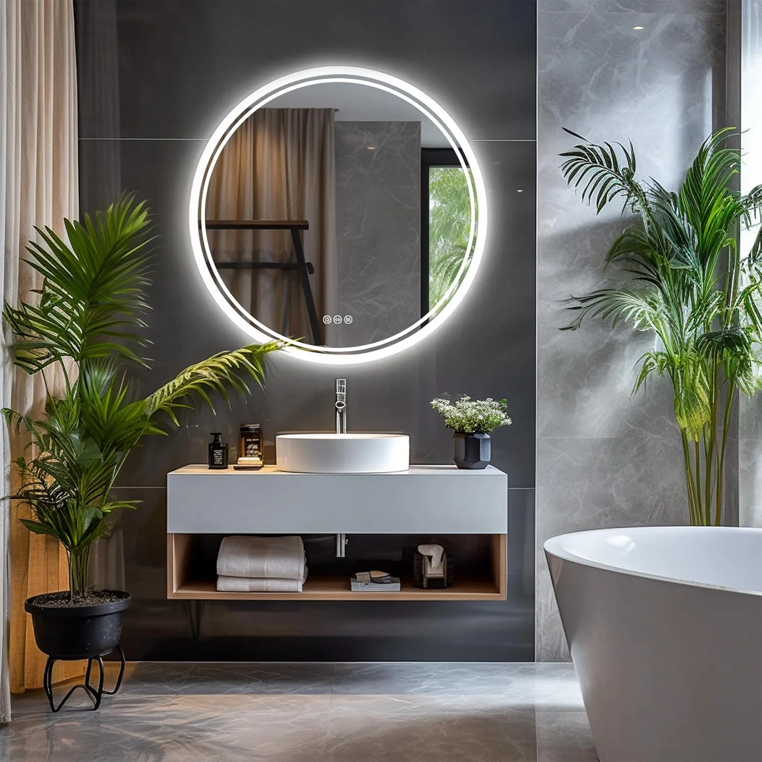 آینه حمام LED دار Wisfor، آینه گرد 60 سانتی متری دیواری با نور پس زمینه، ضد بخار، 3 حالت نورپردازی، عملکرد حافظه، دکمه لمسی، مناسب برای آرایش، دارای استاندارد IP65 آینه حمام LED دار Wisfor، آینه گرد 60 سانتی متری دیواری با نور پس زمینه، ضد بخار، 3 حالت نورپردازی، عملکرد حافظه، دکمه لمسی، مناسب برای آرایش، دارای استاندارد IP65