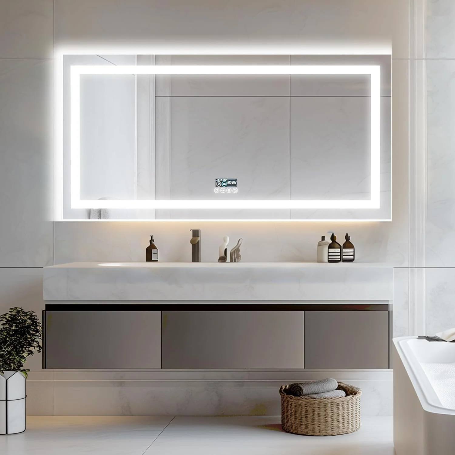 آینه حمام Wisfor با چراغهای LED: آینه بزرگ دیواری روشن 1400x700 میلیمتر با بلوتوث، نور جلوی 3 رنگ قابل تنظیم + نور پس زمینه، ضد بخار، عملکرد حافظه، نمایش زمان و دما آینه حمام Wisfor با چراغهای LED: آینه بزرگ دیواری روشن 1400x700 میلیمتر با بلوتوث، نور جلوی 3 رنگ قابل تنظیم + نور پس زمینه، ضد بخار، عملکرد حافظه، نمایش زمان و دما