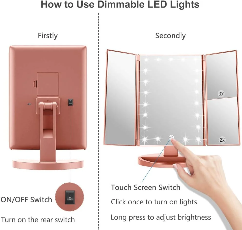 آینه آرایشی چراغ دار WEILY، آینه رومیزی سه تایی با بزرگنمایی 1X/2X/3X، دارای 21 چراغ LED طبیعی و صفحه لمسی، آینه آرایشی مسافرتی قابل شارژ برای رومیزی (رزگلد) آینه آرایشی چراغ دار WEILY، آینه رومیزی سه تایی با بزرگنمایی 1X/2X/3X، دارای 21 چراغ LED طبیعی و صفحه لمسی، آینه آرایشی مسافرتی قابل شارژ برای رومیزی (رزگلد)