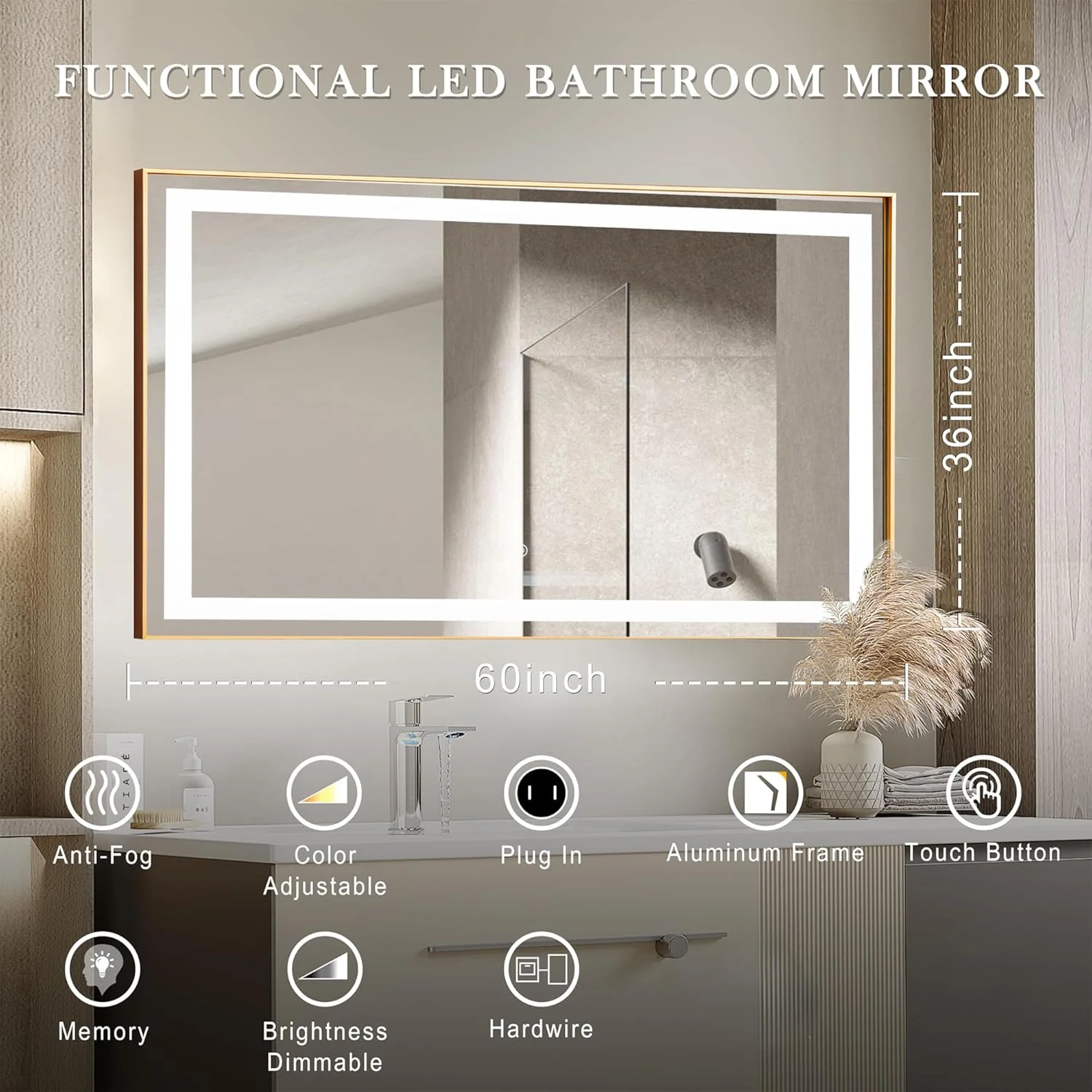 آینه حمام LED قاب دار VPHOME - 152x91 سانتی متر، آینه های حمام بزرگ چراغ دار ضد مه قابل تنظیم - آینه روشویی LED با نور جلویی نصب شده روی دیوار، قاب طلایی، آینه 3 چراغ LED آینه حمام LED قاب دار VPHOME - 152x91 سانتی متر، آینه های حمام بزرگ چراغ دار ضد مه قابل تنظیم - آینه روشویی LED با نور جلویی نصب شده روی دیوار، قاب طلایی، آینه 3 چراغ LED