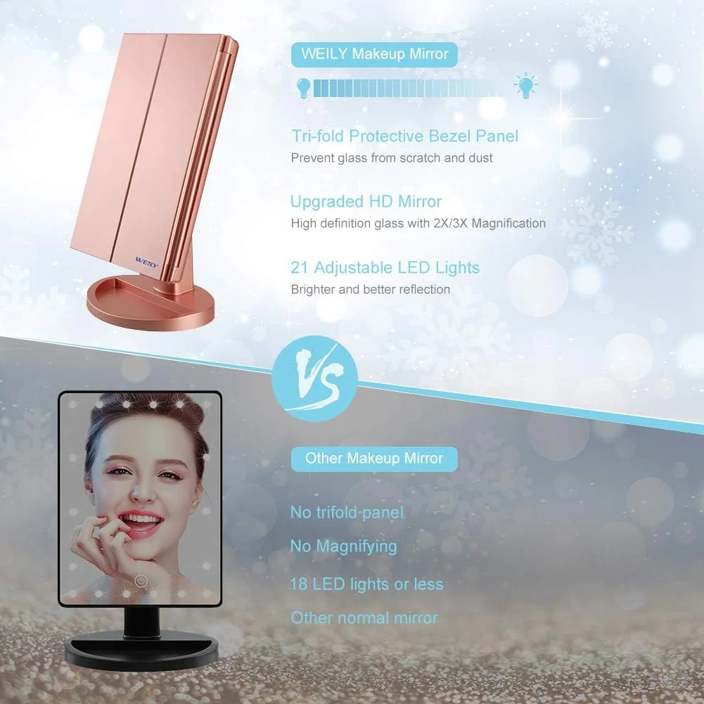 آینه آرایشی چراغ دار WEILY، آینه رومیزی سه تایی با بزرگنمایی 1X/2X/3X، دارای 21 چراغ LED طبیعی و صفحه لمسی، آینه آرایشی مسافرتی قابل شارژ برای رومیزی (رزگلد) آینه آرایشی چراغ دار WEILY، آینه رومیزی سه تایی با بزرگنمایی 1X/2X/3X، دارای 21 چراغ LED طبیعی و صفحه لمسی، آینه آرایشی مسافرتی قابل شارژ برای رومیزی (رزگلد)