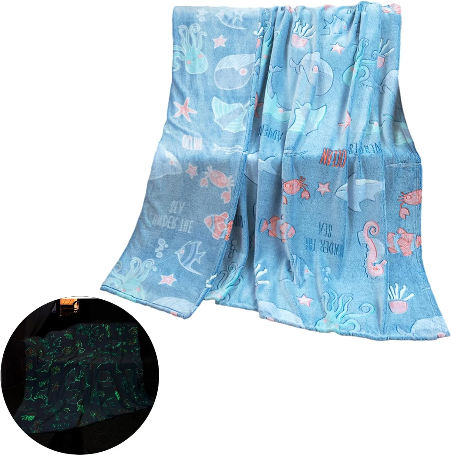 پتوی شب‌تاب برای دختران و پسران، پتوی نرم و لطیف فلانل برای کودکان، پتوی دنیای زیر آب مناسب اتاق خواب و محل کار