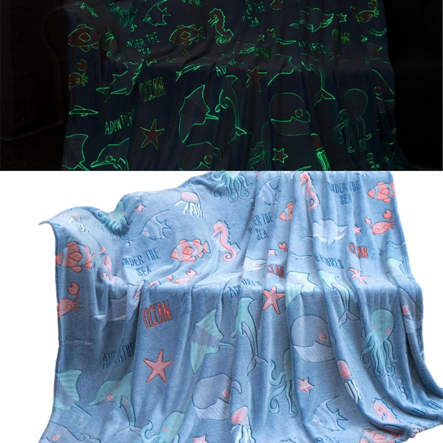 پتوی شب‌تاب برای دختران و پسران، پتوی نرم و لطیف فلانل برای کودکان، پتوی دنیای زیر آب مناسب اتاق خواب و محل کار
