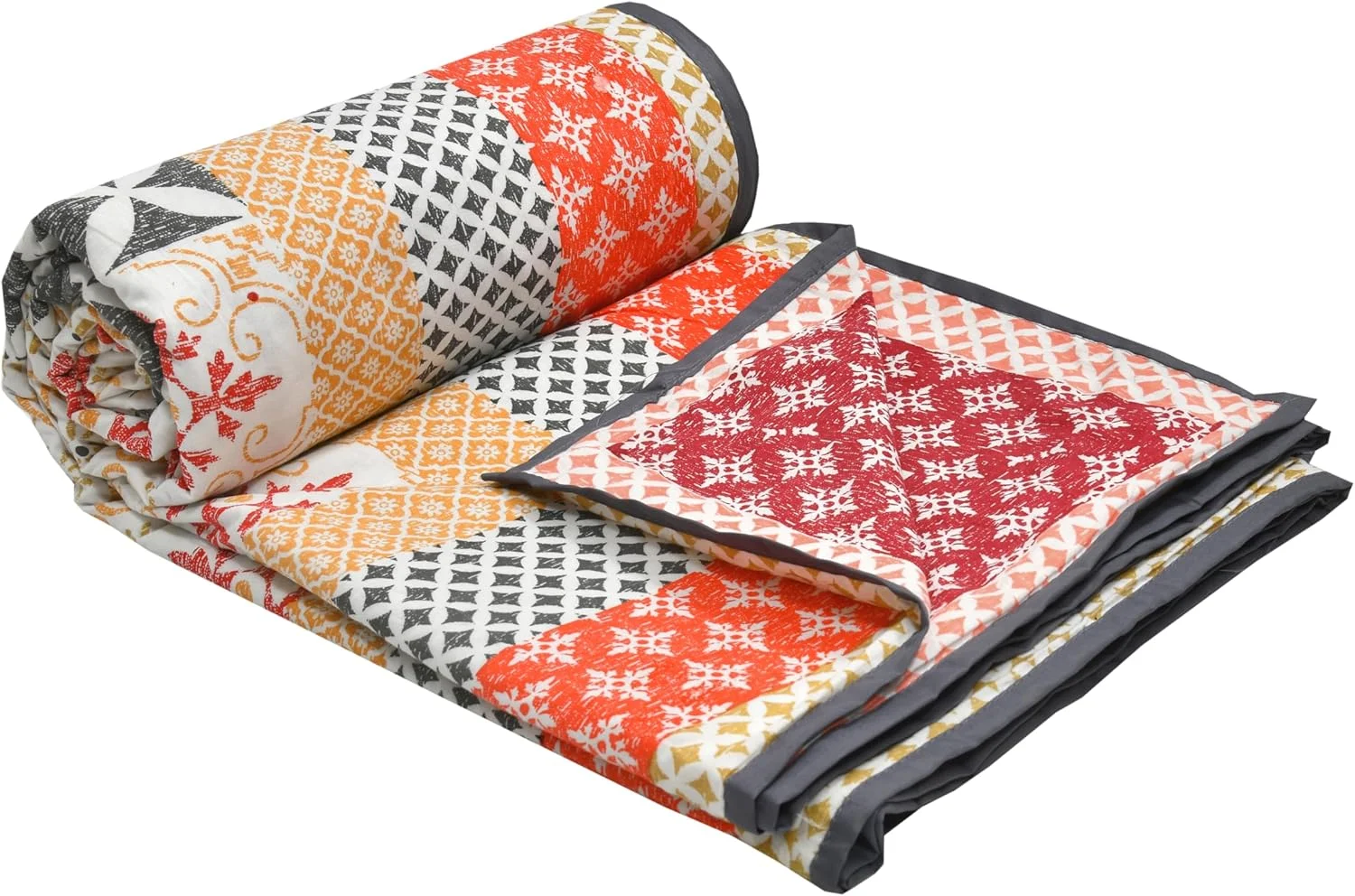 دوهار کینگ سایز پنبهای 100% BLOCKS OF INDIA، دو رو، چاپ دستی بلوک، ململ، مناسب فصل تابستان (طرح ایکات نارنجی) دوهار کینگ سایز پنبهای 100% BLOCKS OF INDIA، دو رو، چاپ دستی بلوک، ململ، مناسب فصل تابستان (طرح ایکات نارنجی)