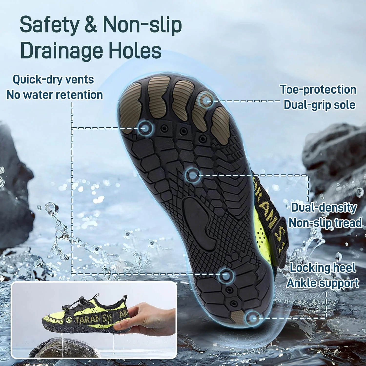 کفش های آبی برهنه TARANIS پسرانه و دخترانه، خشک شونده سریع، پنجه پهن، ضد لغزش و مقاوم در برابر سایش، کفش های ساحلی، استخر، یوگا، طناب زنی، موج سواری، مناسب کودکان نوپا، سبز، سایز 13 کودک کوچک