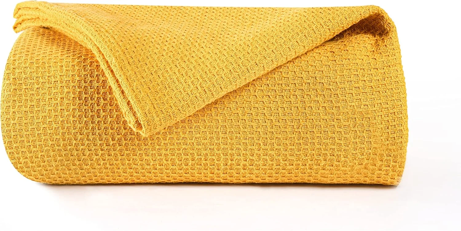 پتوی تخت خواب 100% پنبه BOUTIQUO، سایز کامل/کوئین، با قابلیت تنفس، پتوی وافل لانه زنبوری نرم 90'x90'، ایده آل برای استفاده در تمام فصول، زرد خردلی